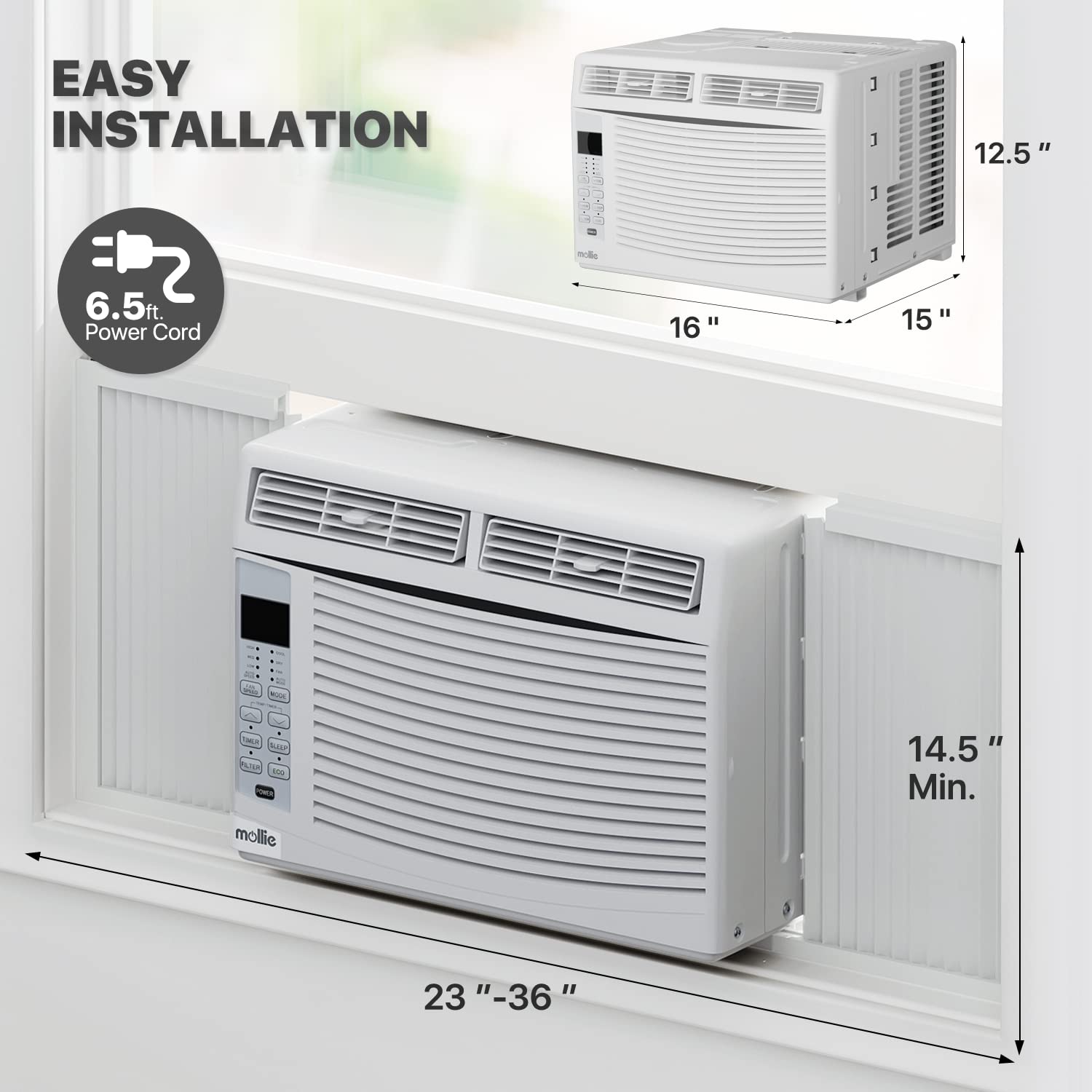 Mollie 6000 BTU Window Air Conditioner - White, Remote, Washable Filter, Cools 250 Sq Ft, Model A54-WAC-002-6K