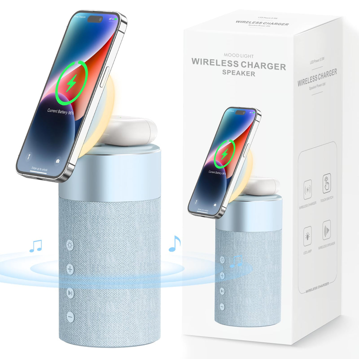 Colsur Bluetooth Speaker, Magnetic Wireless Charger, Bluetooth Speakers With Night Light, 2 In 1 Wireless Charging Station