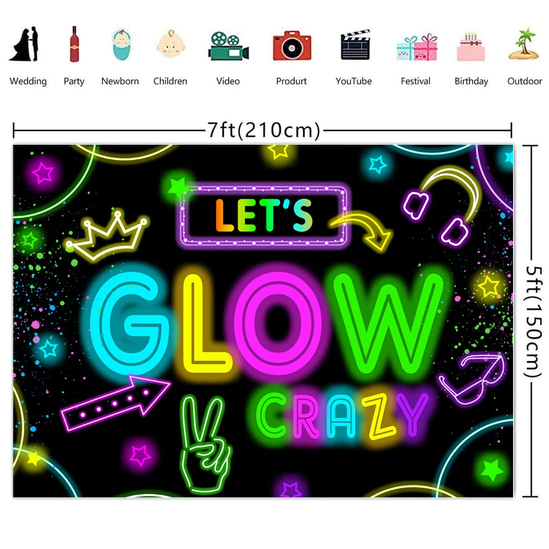 Wollmix Neon Glow Party Decorations Supplies Backdrop 7X5Ft Glow In The Dark Lets Glow Banner Photography Background Birthday Sl