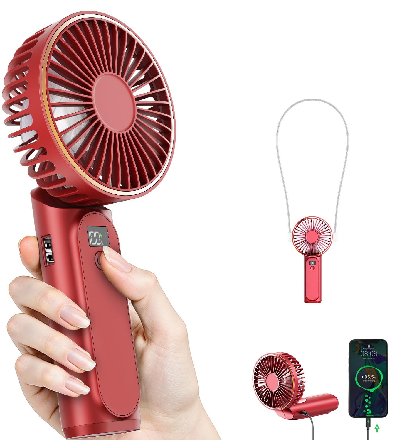 Portable Handheld Fan, 4000mAh, 180 Adjustable, 6 Speed Wind, Display Electricity in Real Time, USB Rechargeable Foldable Person