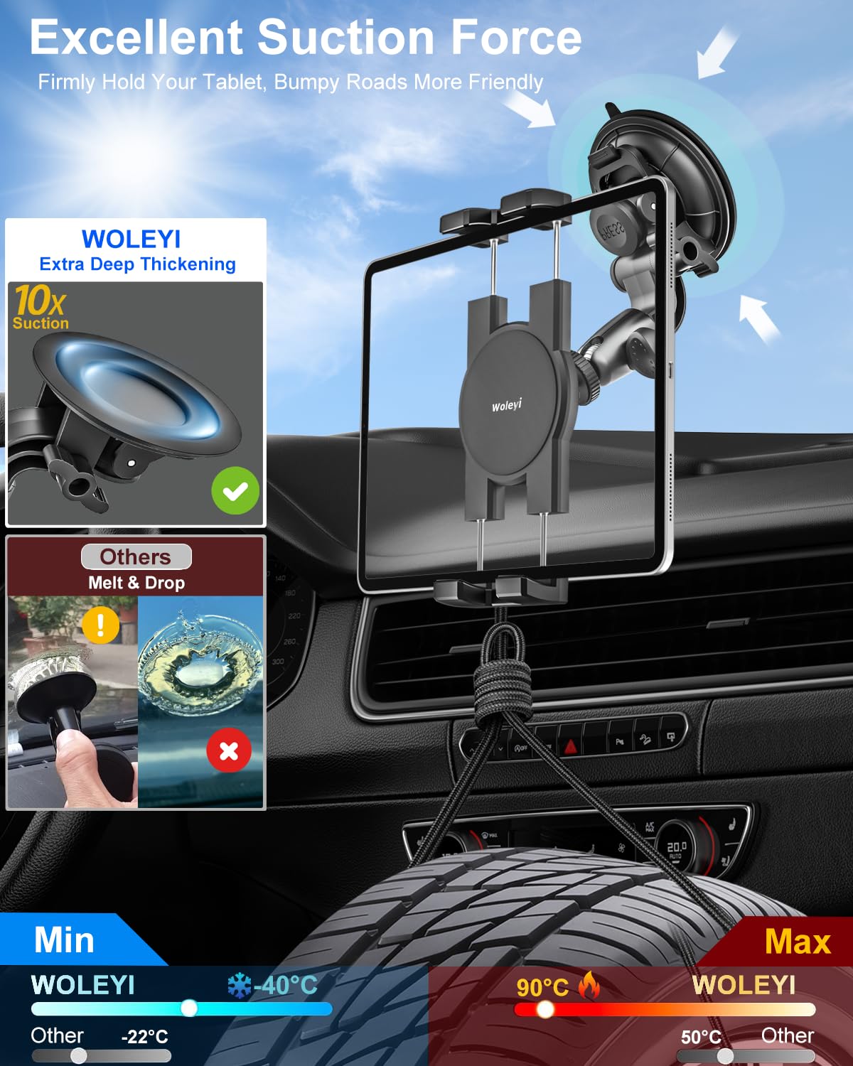 Woleyi Car Tablet Holder Windshield   [95Mm Strongest Suction Cup] Window Dashboard Car Tablet Mount For Trucks/Vehicles With 1/