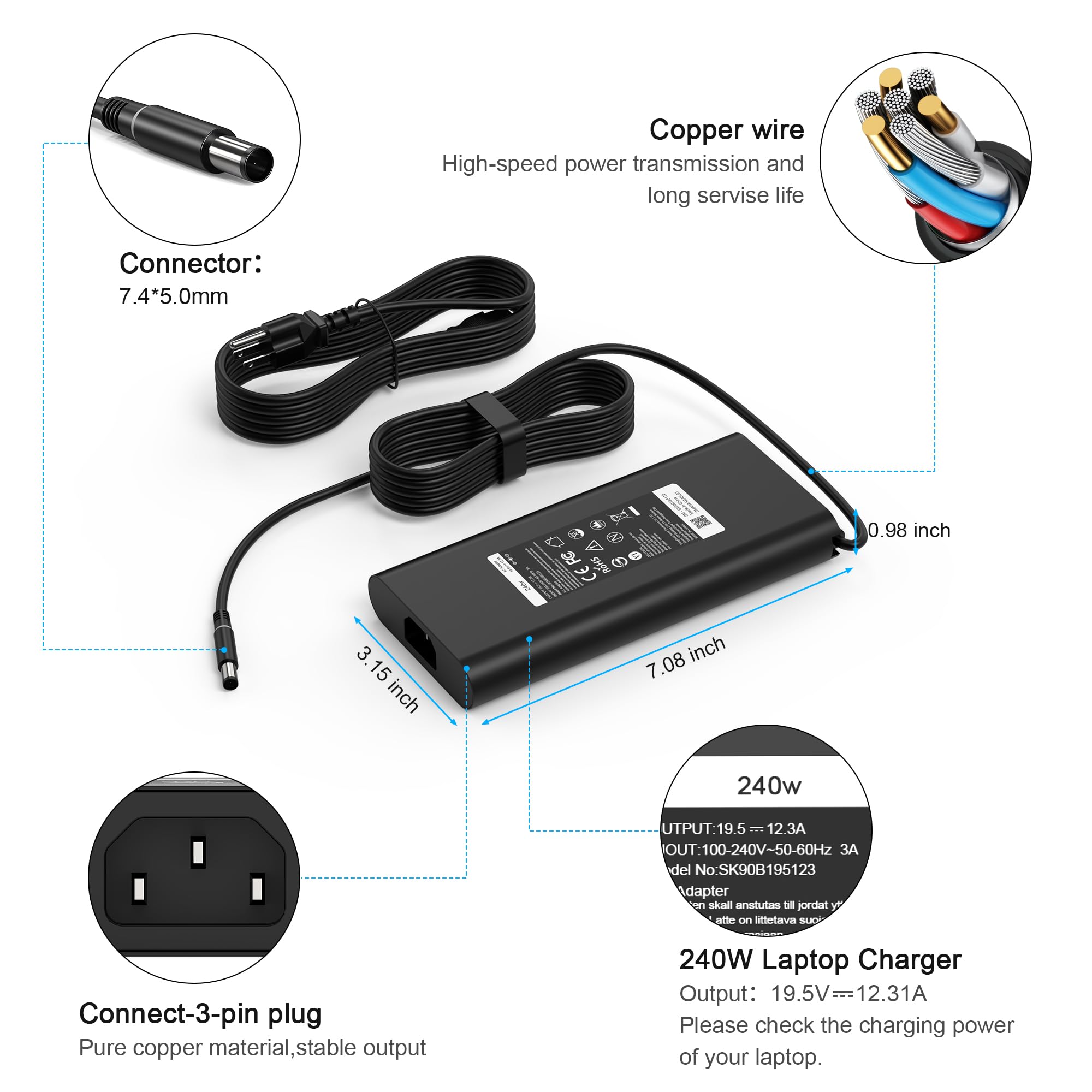 New Slim 240W 180W 19.5V 12.31A Ac Adapter For Dell Alienware 15 17 R1 R2 R3 R4 R5 M17X M18X X51 G3 G5 G7 Precision 7710 7730 7520 7540 M6800 M4300 Dell Alienware Laptop Charger Power Supply Cord