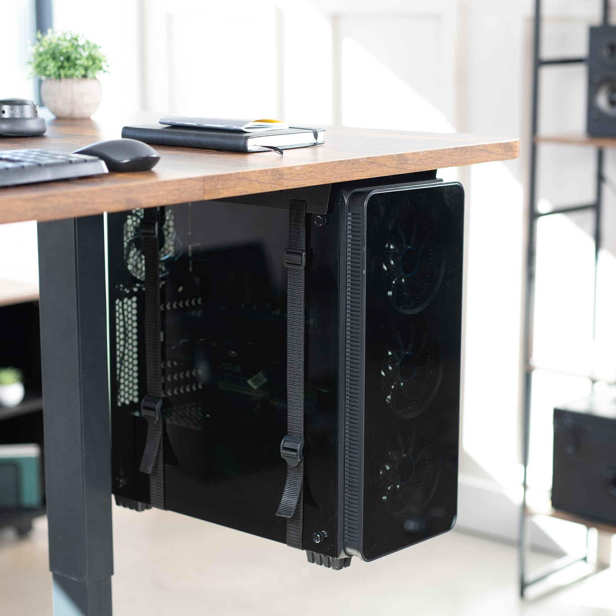 Vivo Under Desk And Wall Mount Pc Adjustable Strap And Steel Bracket Holder, Computer Case Carrier, Black, Mount Pc02S