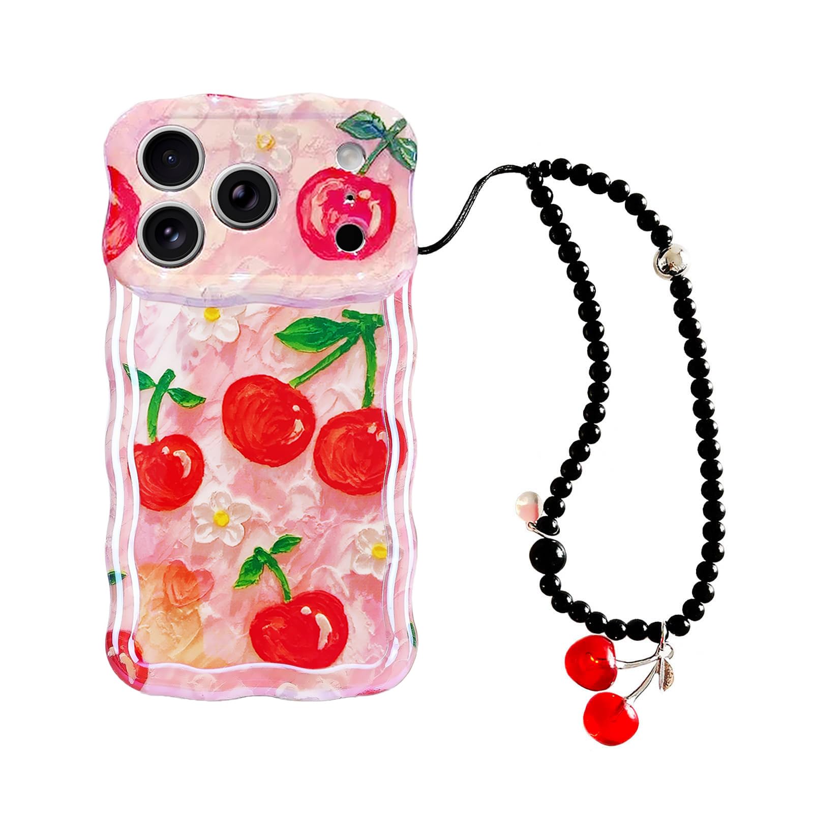 Tewwsdi Red Cherry Phone Case with Charm for iPhone 17 pro 6.3in,Retro Stylish Glossy Oil Painting Flower Laser Glossy,Aesthetic
