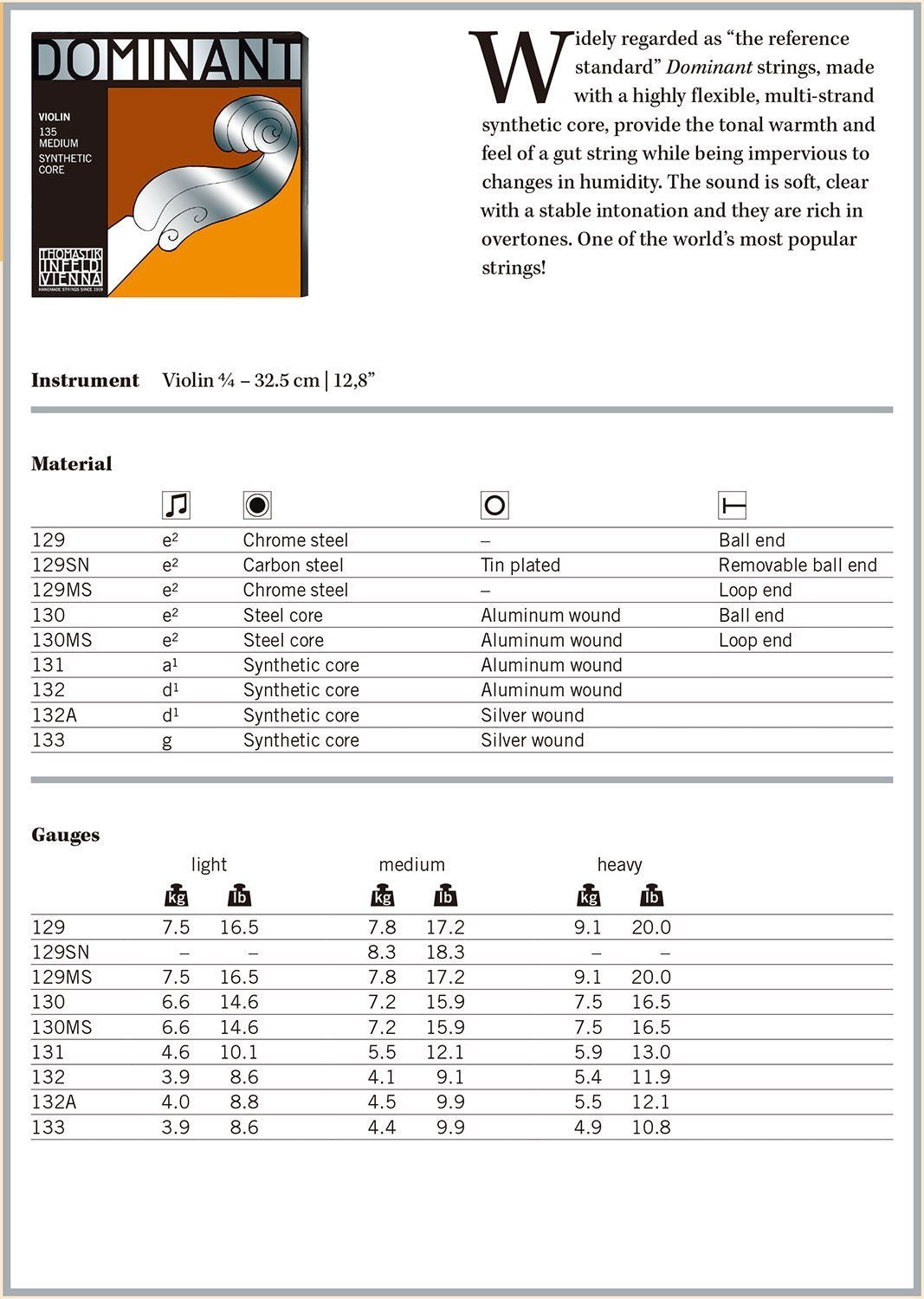 Thomastik Infeld 135Ms Dominant 4/4 Violin String Set With Wound Loop E