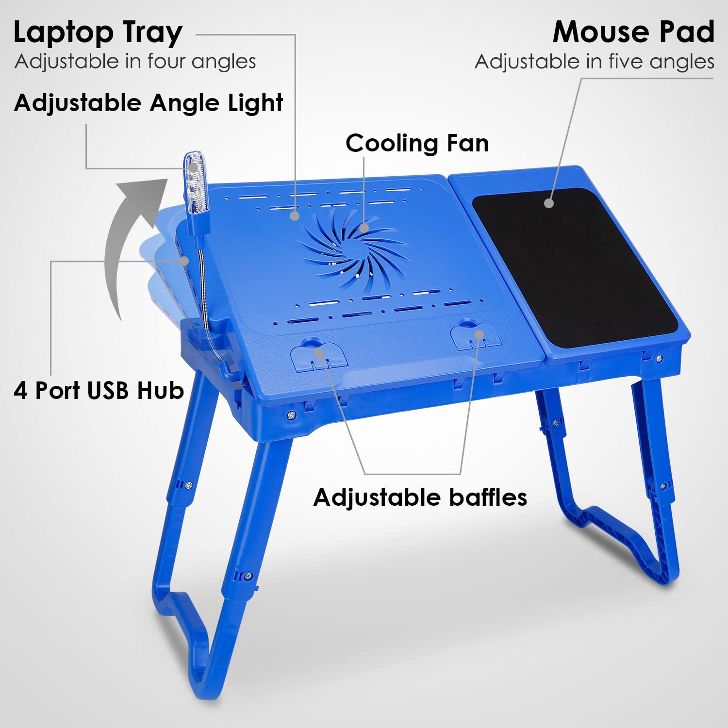 Laptop Desk For Bed,Laptop Bed Tray Table For Couch Sofa,Portable Adjustable Height Foldable Laptop Desk With Cooling Fan Led Light Mouse Pad 4 Port Usb Hub(Blue)