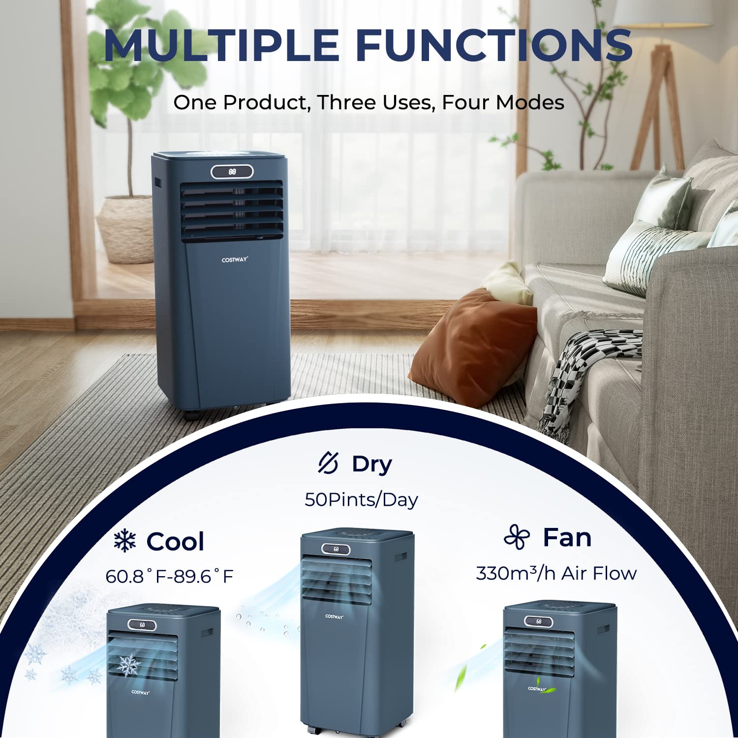 Costway Portable Air Conditioner, 10000Btu Air Cooler With Drying/Fan/Sleep Mode, 2 Speeds, 24H Timer, For Home & Office, Cools