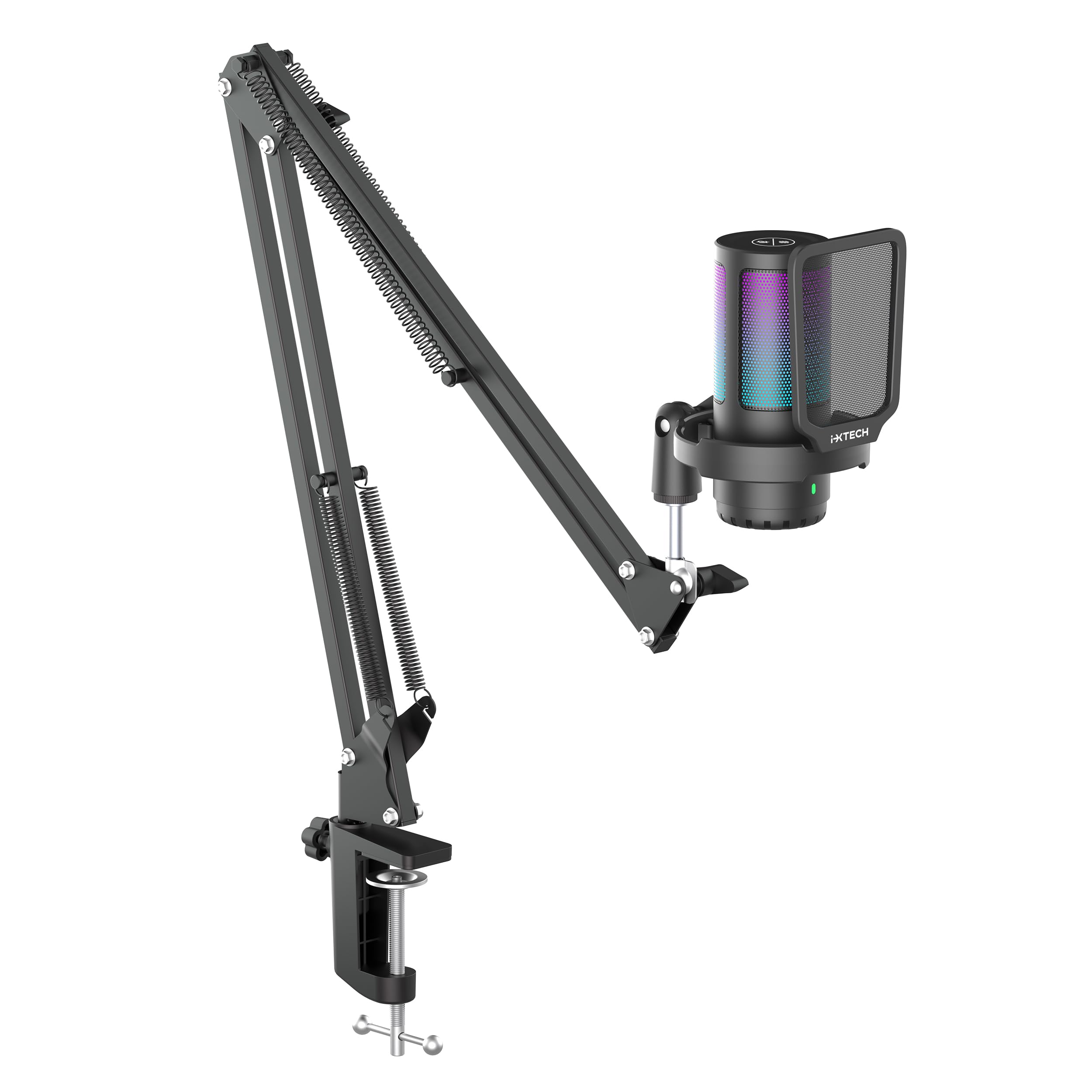 Ixtech Gaming Microphone For Pc With Boom Arm, Podcast Condenser Mic With Pop Filter, Quick Mute Button, Gain Knob, Mic Arm And
