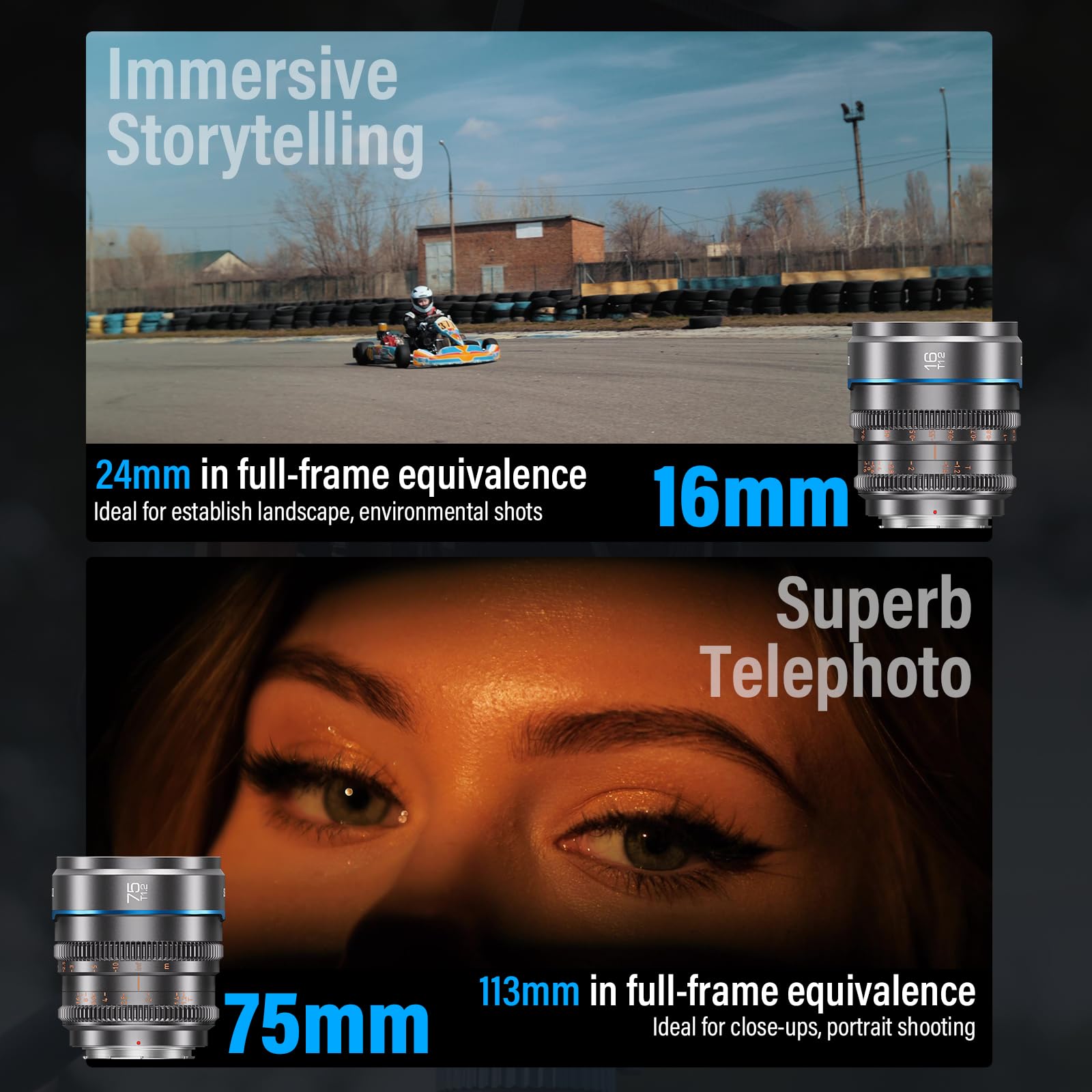 Sirui Night Walker T1.2 S35 Cine Lens Set, 16Mm, 75Mm, Large Aperture Manual Focus Lens (Ms 2Seg, E Mount, Metal Grey)