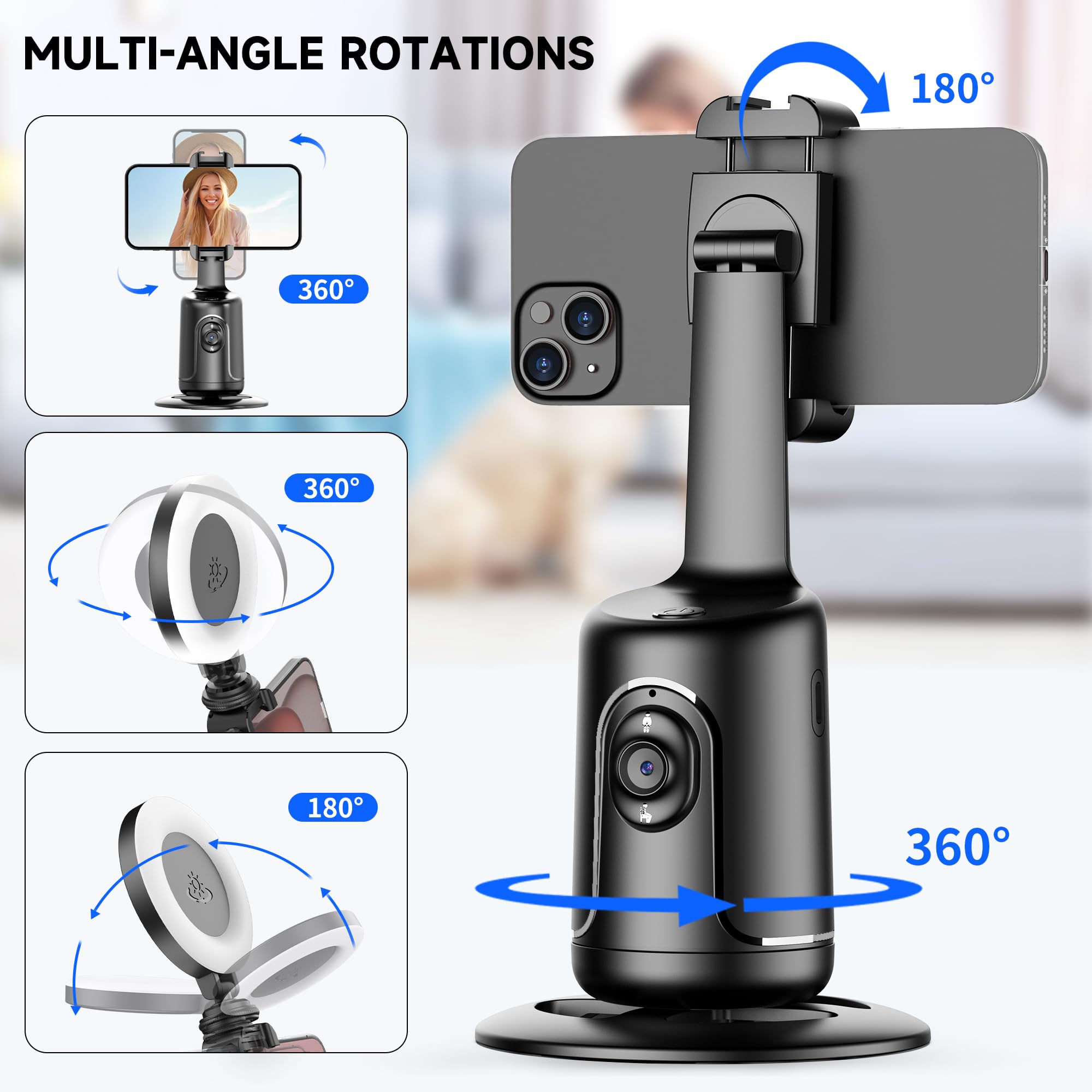 Auto Face Tracking Tripod With 2 Selfie Ring Light, 360 Rotation Face Body Phone Holder Smart Shooting Camera Mount With Remote,