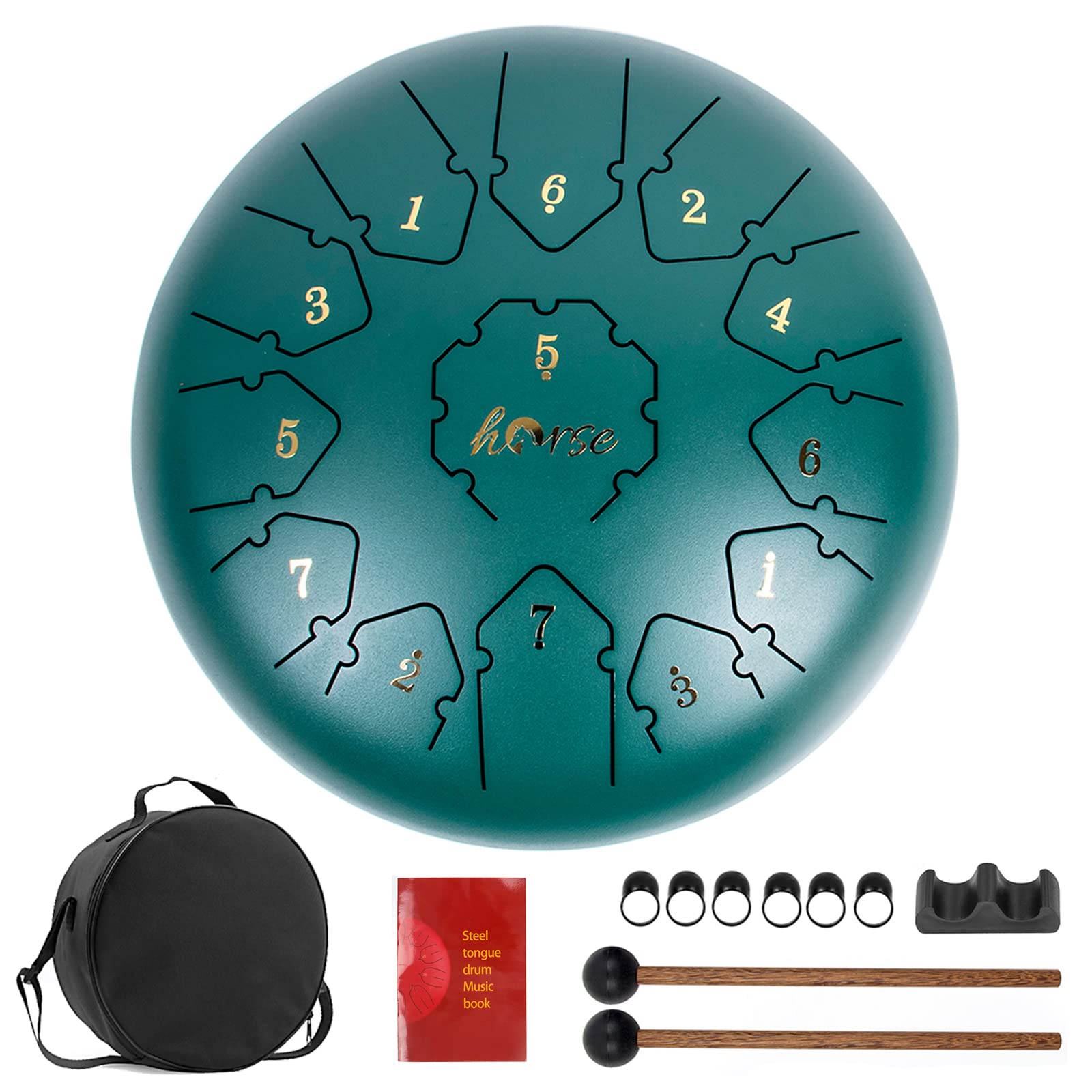 Steel Tongue Drum, Horse 12 Inch 13 Tones Tank Drum C Key Percussion Steel Drum Kit with Drum Mallets Note Stickers Finger Picks
