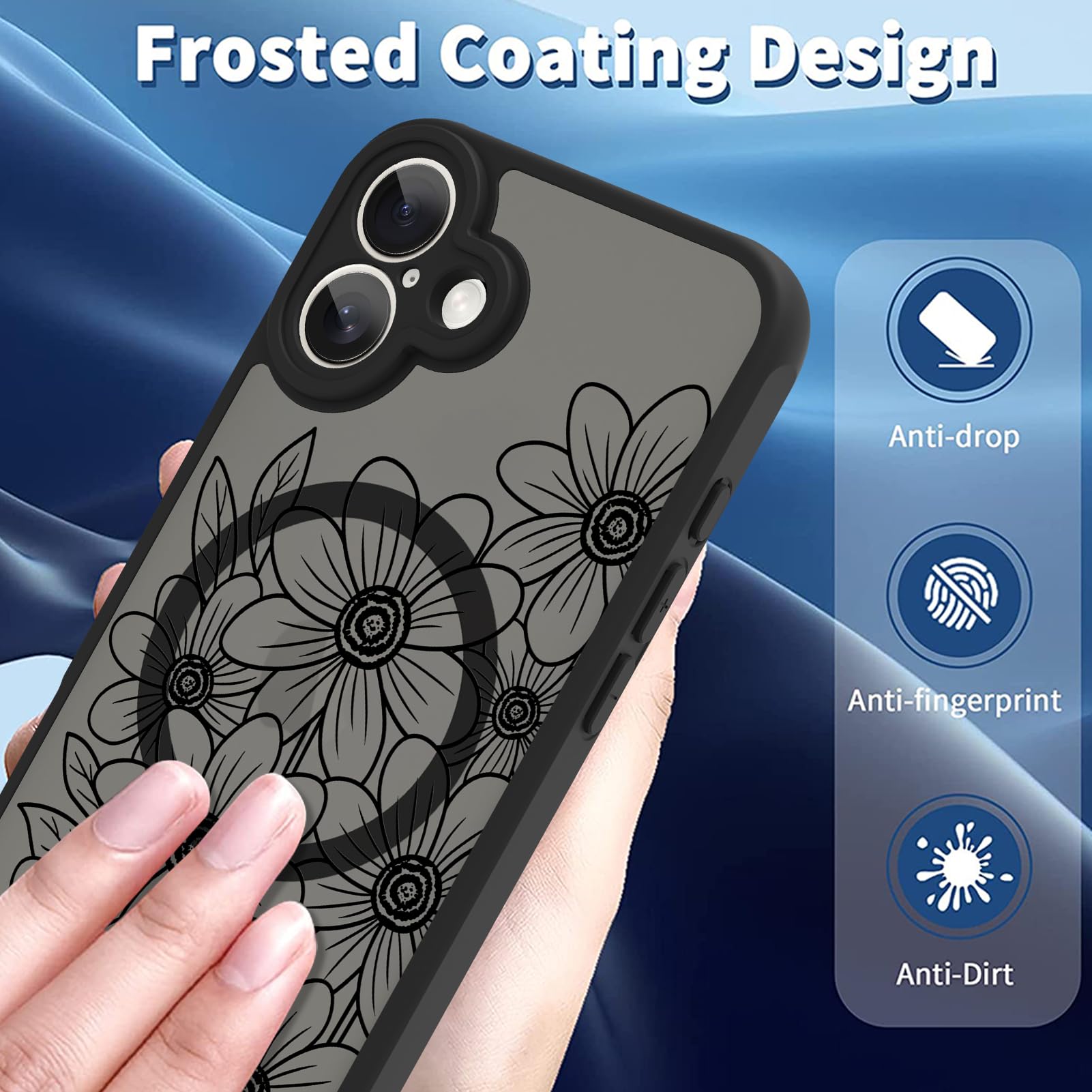 Ook Magnetic For Iphone 16 Case Black Flower Sunflower Pattern [Compatible With Magsafe] Slim Translucent Matte Camera Lens Prot