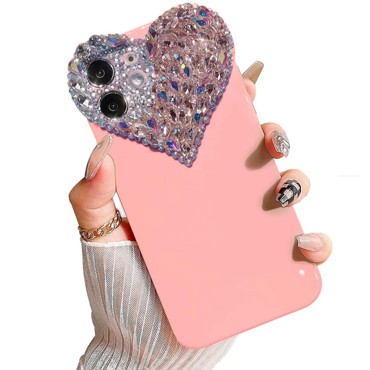 ENYTDMO Cute iPhone 12 Case 3D Glitter Sparkle Bling Case for Women Girls, Pretty Rhinestone Diamond Cute Aesthetic Love Heart P
