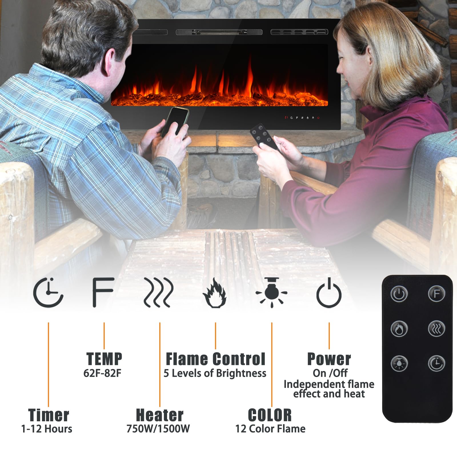 CharaVector 50 Inch Electric Wall Mounted Fireplace Insert, Black, LED Flame, Remote Control, Model FIREPLACE50