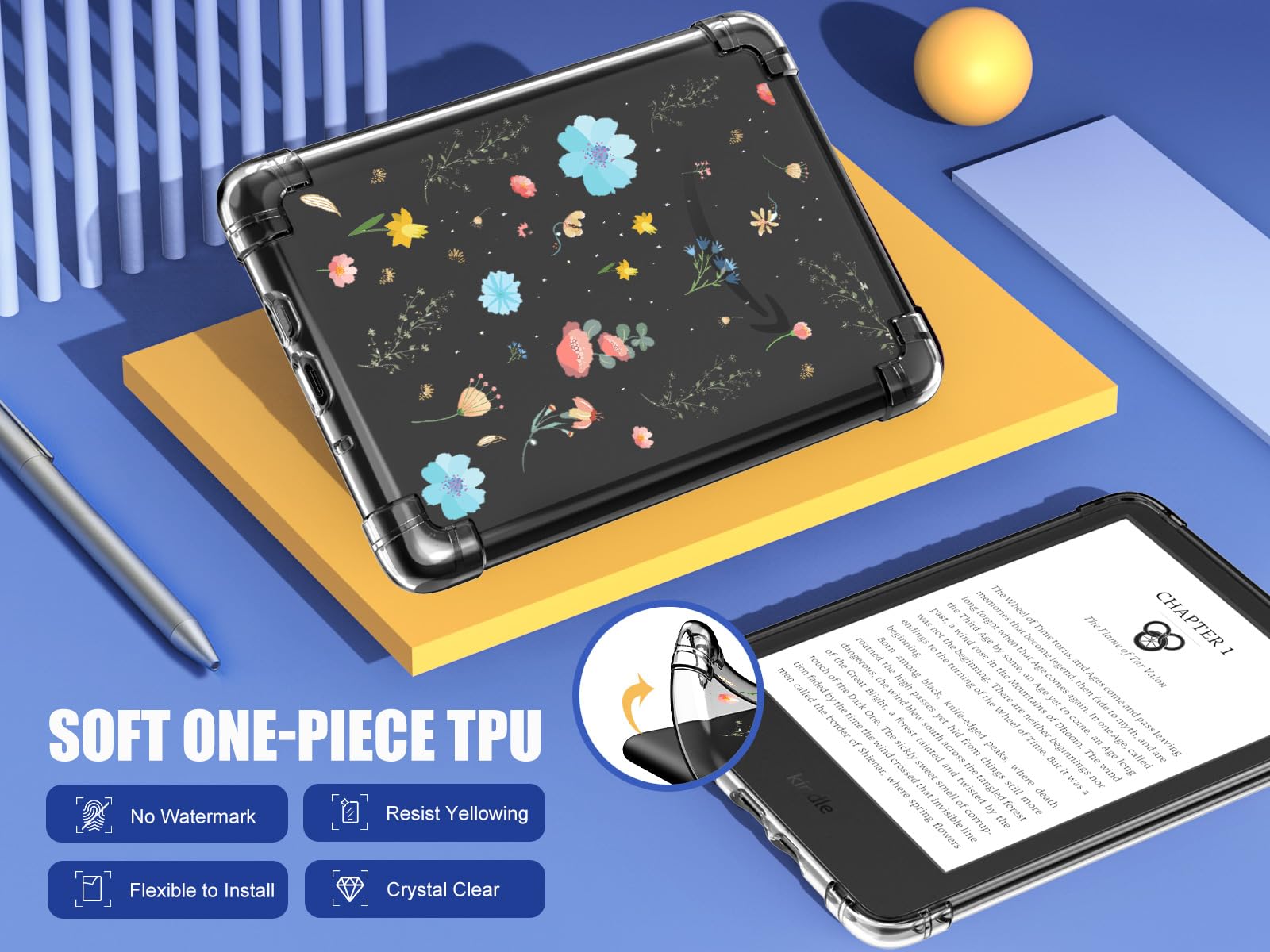 MoKo Case for 6' All New Kindle (11th Generation 2024/2022 Release), Ultra Clear Soft Flexible Transparent TPU Skin Bumper Back Cover Shell, Blue Garden