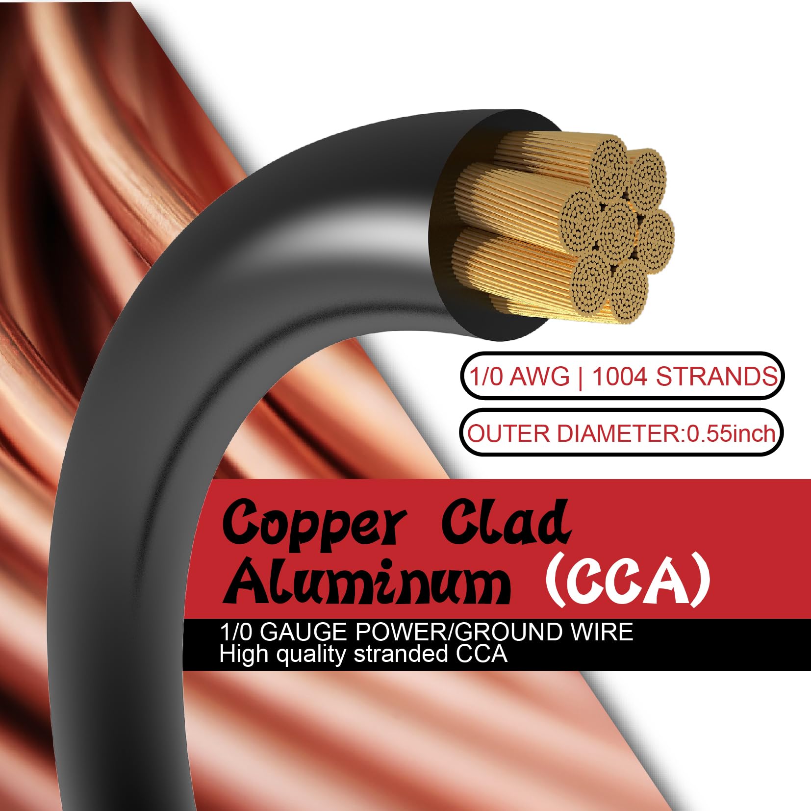 Tuolauthon 1/0 Gauge Wire Copper Clad Aluminum Cca Car Amplifier Power & Ground Cable,Primary Automotive Wire,Battery Cable For