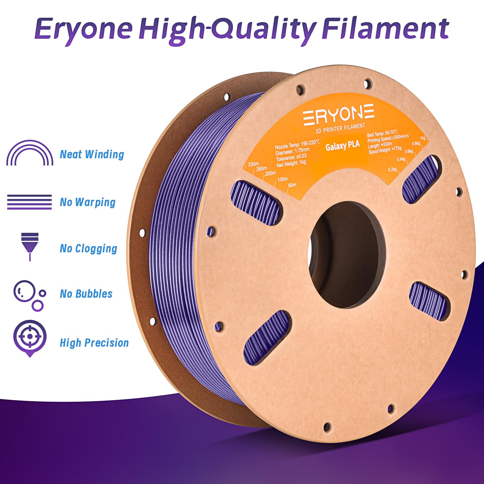 Eryone Glitter Pla Filament For 3D Printer, 1.75Mm +/-0.03Mm, 1Kg(2.2Lbs)/Spool, Sparkle Purple