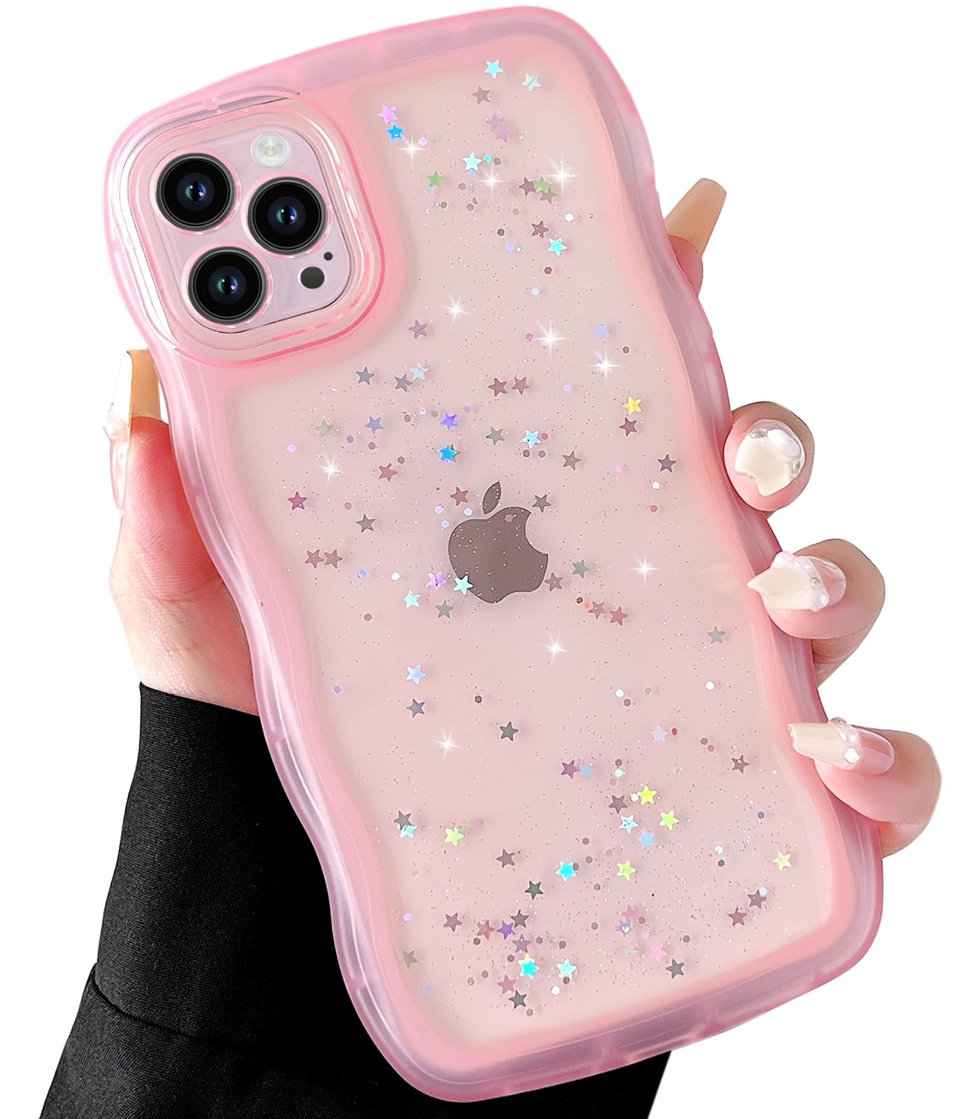 Qokey For Iphone 13 Mini Case 5.4'' Curly Wave Edge Design Transparent Bling Glitter Star Shiny Case Cute Clear Transparent Full