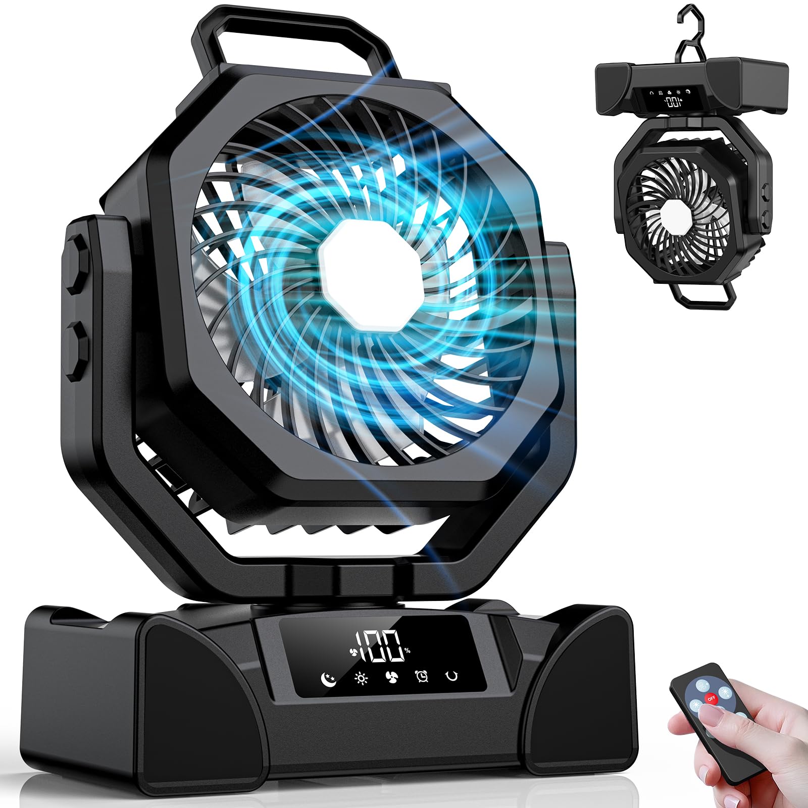 20000mAh Camping Fan, Rechargeable Battery Powered Fan with Remote Control, Portable Tent Fans Battery Operated with Light, 5-Sp