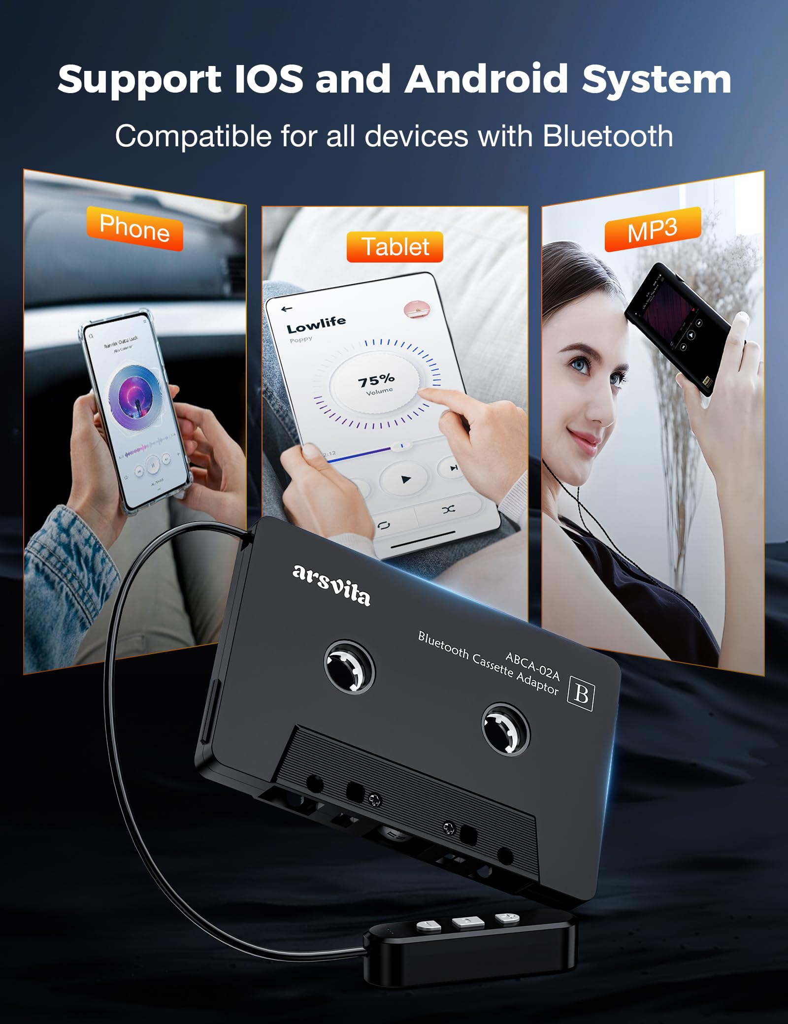 arsvita Bluetooth Cassette Adapter, 5.1 Car Audio Receiver, Hands-Free Call, Black, Model BCA02, Supports Micro SD Card