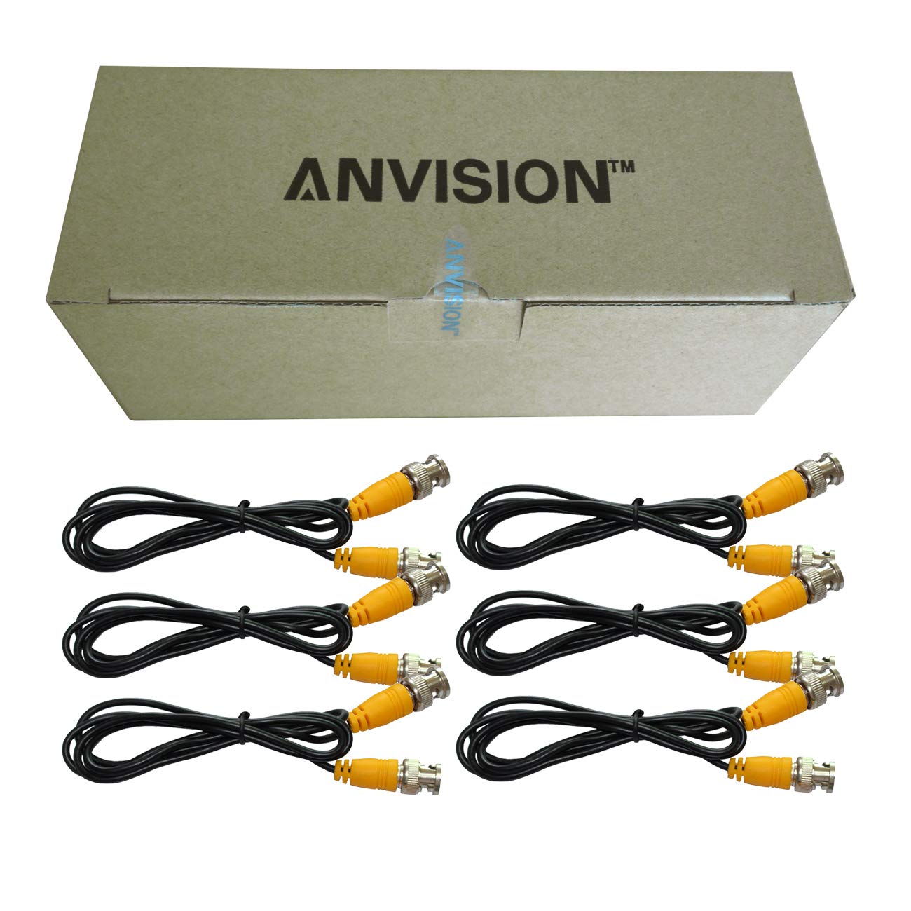 Anvision 6 Pack Black 1M 3.3Ft Bnc Male To Bnc Male Jumper Cable With Yellow Connector For Cctv Dvr To Tv System