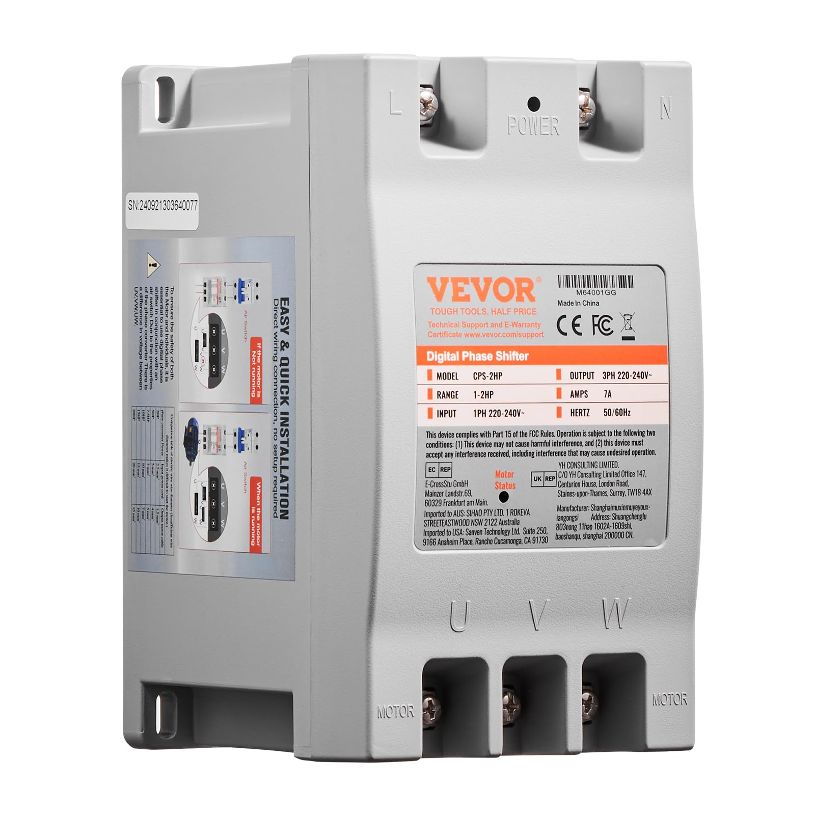 Vevor 3 Phase Converter   2Hp 7A 220V Single Phase To 3 Phase Converter, 220V 240V Input/Output, Digital Phase Shifter For Resid