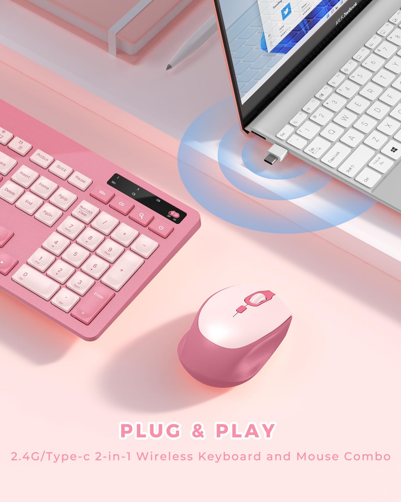 Wireless Keyboard And Mouse Set Rose Pink, Vivefox Wireless Keyboard With Phone Holder, Usb A & Type C Cute Keyboard And Mouse C