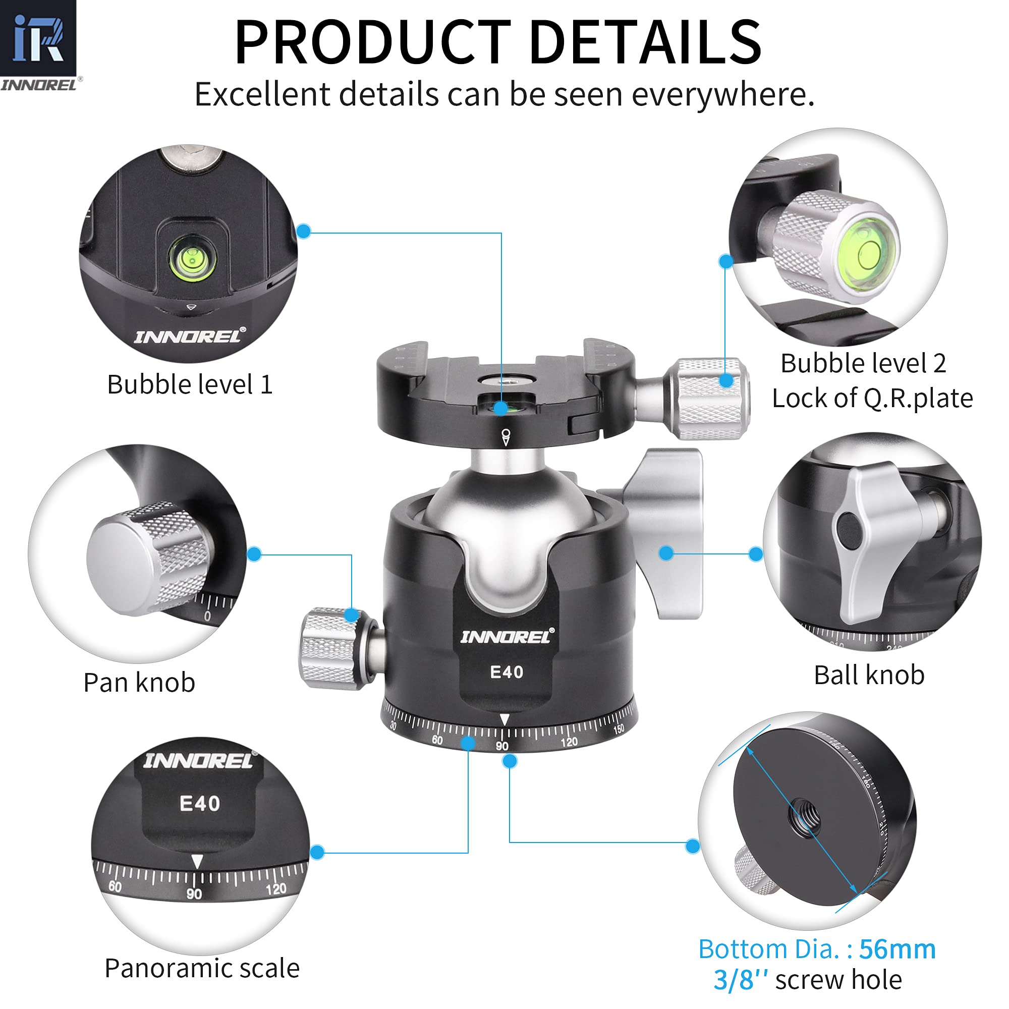 Low Profile Tripod Ball Head-Innorel 360Panoramic Cnc Metal Camera Tripod Ballhead With 1/4 Arca Swiss Universal Quick Release P