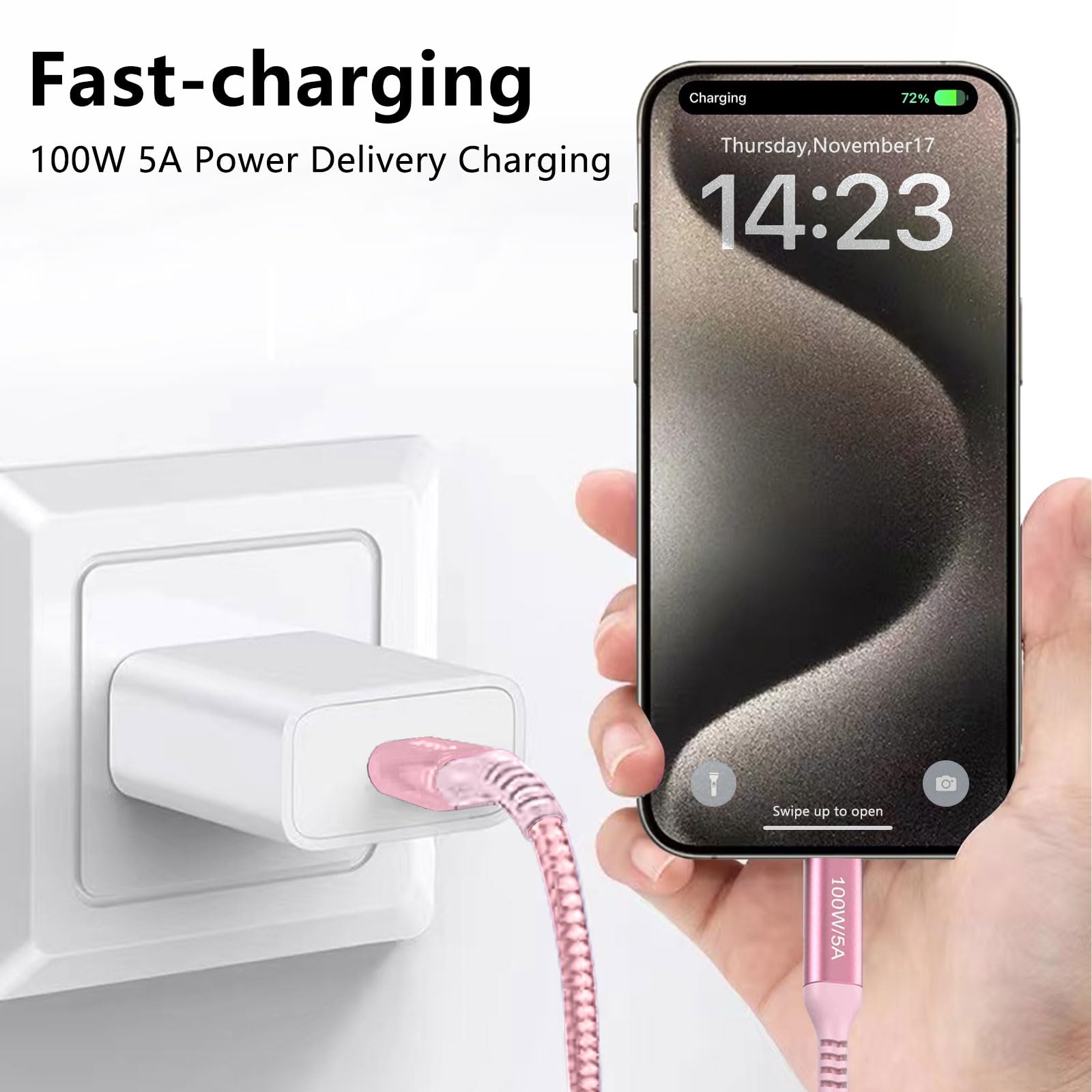 Awnuwuy 15Ft Usb C To Usb C 100W Cable Pink (2 Pack), Long Usb Type C Charger Fast Charging Braided Cable Compatible With Iphone