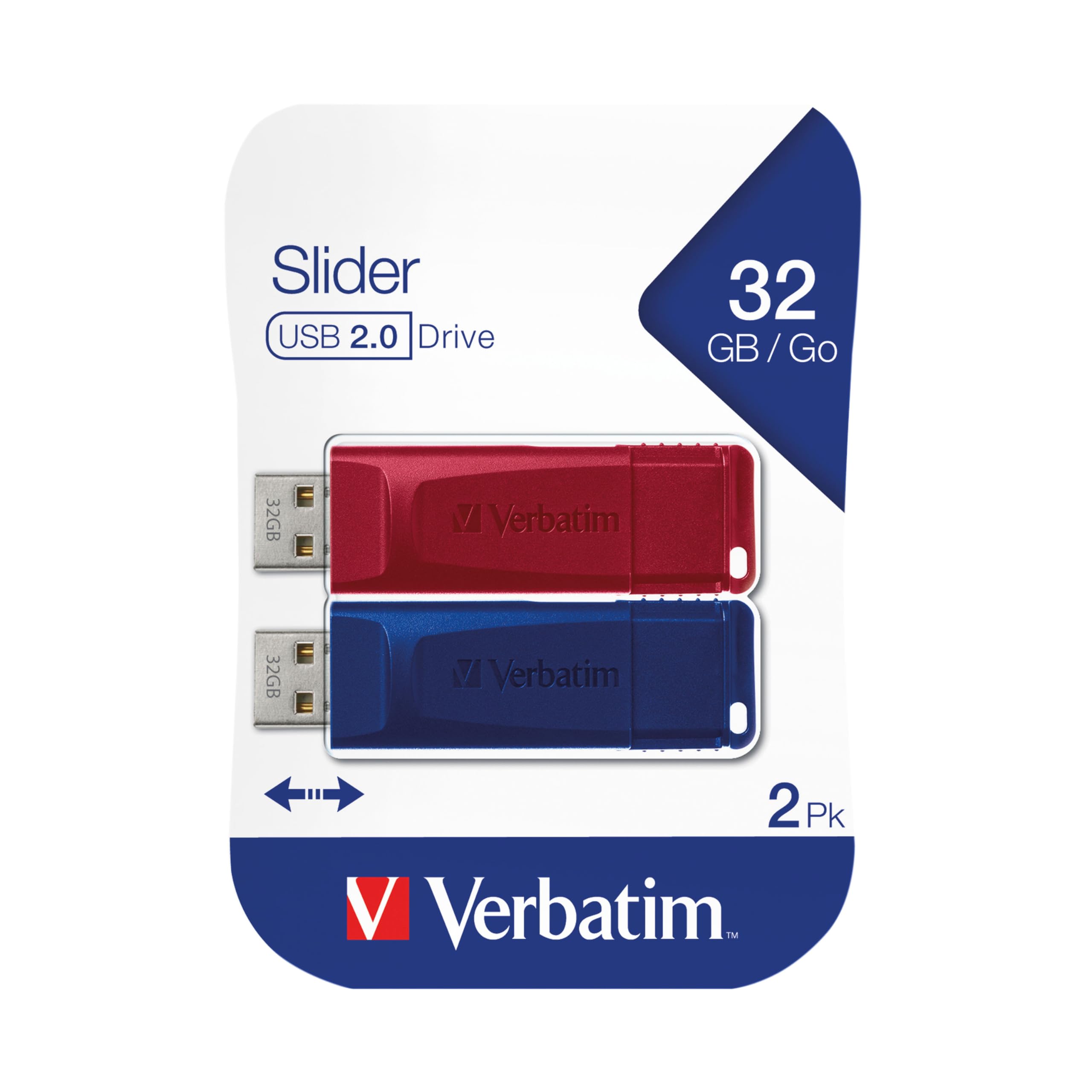 Verbatim USB Drive 2.0 Store N GO Slider 2 X 32GB (RED/Blue), W125625487 (Slider 2 X 32GB (RED/Blue) 49327, 32 GB, USB Type-A, 2