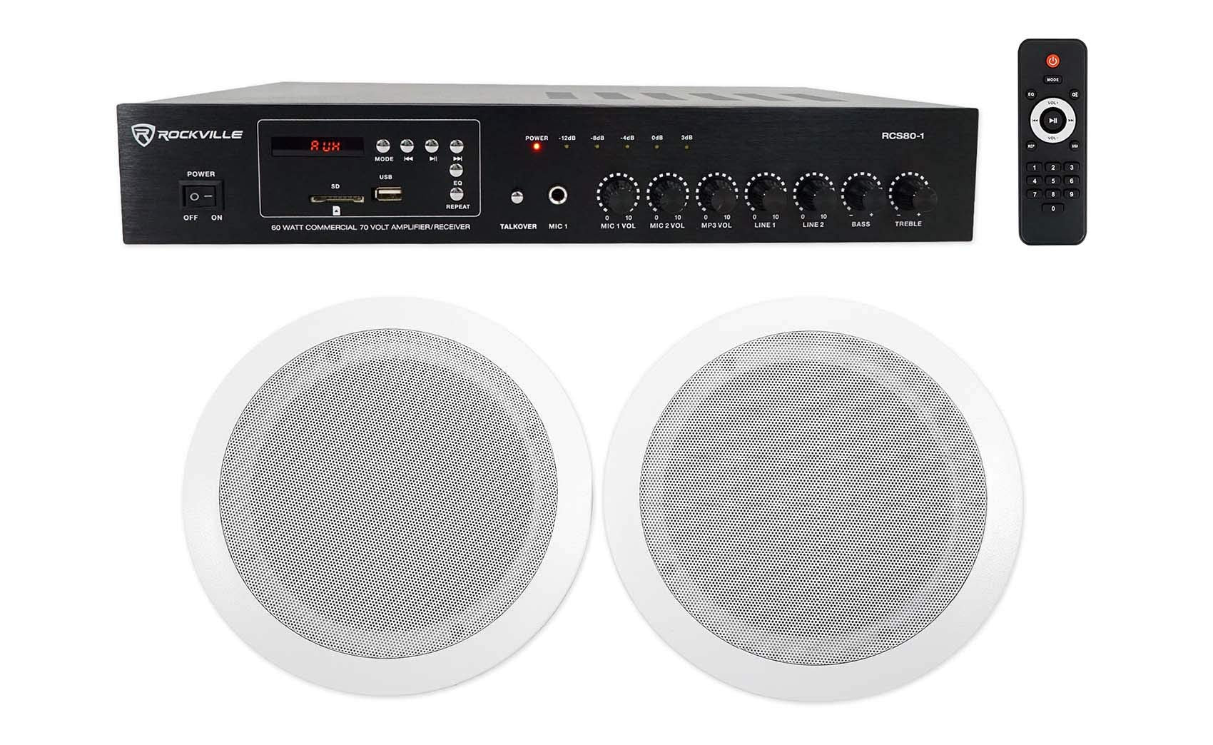 Rockville Commercial Audio Bundle: (2) CC65T 6.5 70V 2-Way Ceiling Speakers, White Finish, RCS80-1 60-Watt 70V Amplifier, Blueto