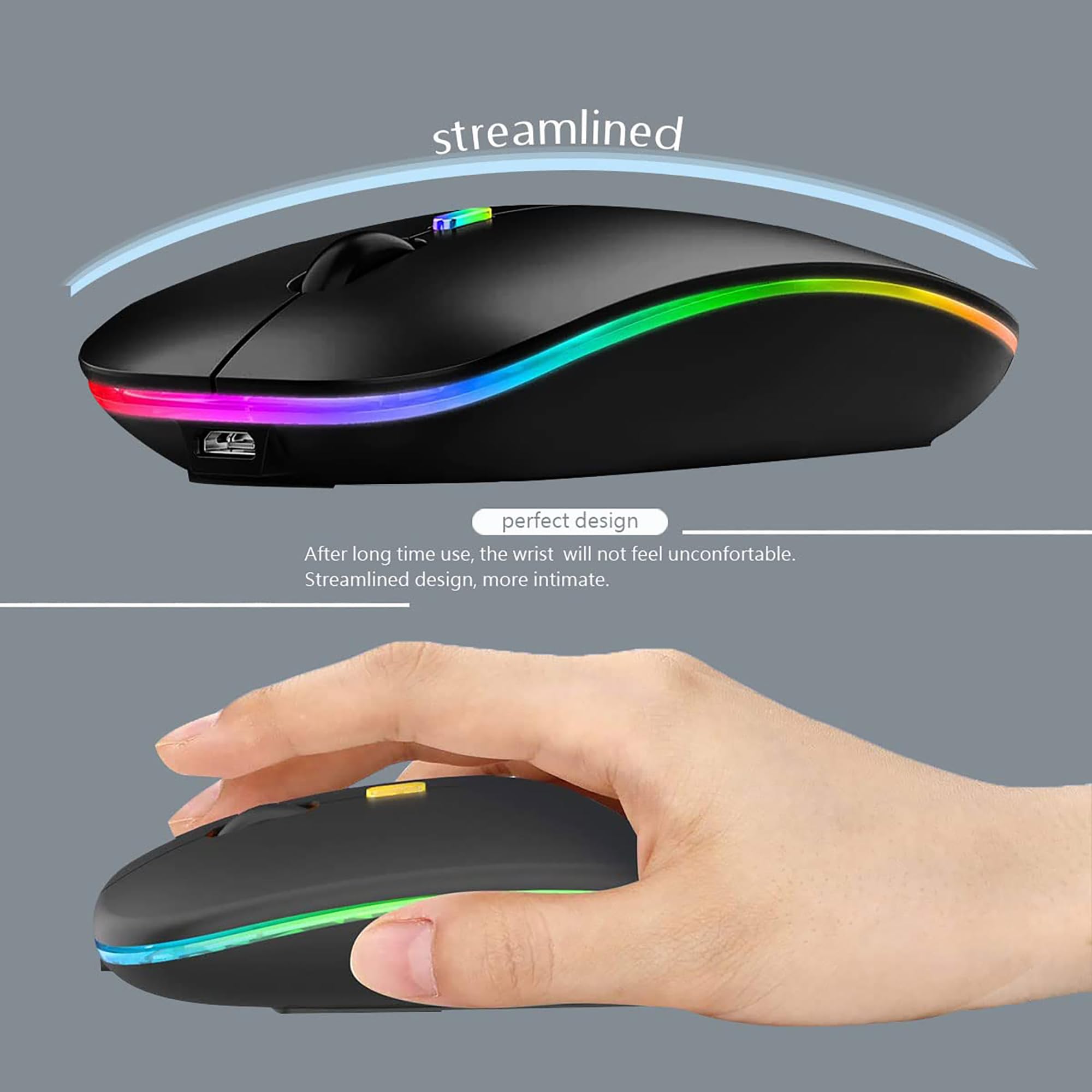 Wreanu Wireless Bluetooth Mouse,Led Rechargeable Silent Slim Laptop Mouse,Portable(Bt5.2/3.0 And Usb Receiver) Dual Mode Compute