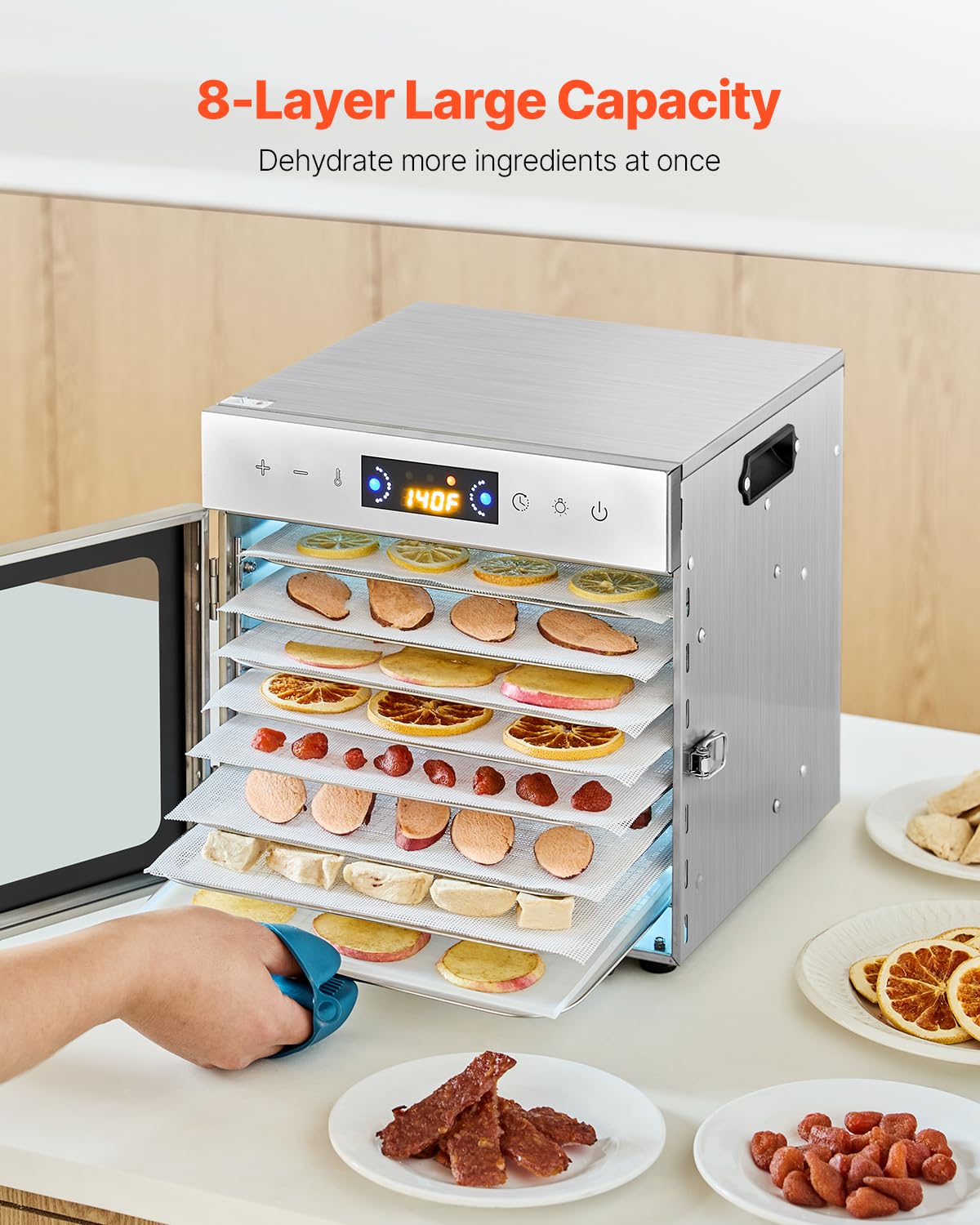 Vevor Food Dehydrator Machine, 8 Stainless Steel Trays, 400W Electric Food Dryer With Adjustable Temperature & 24-Hour Timer, Fr