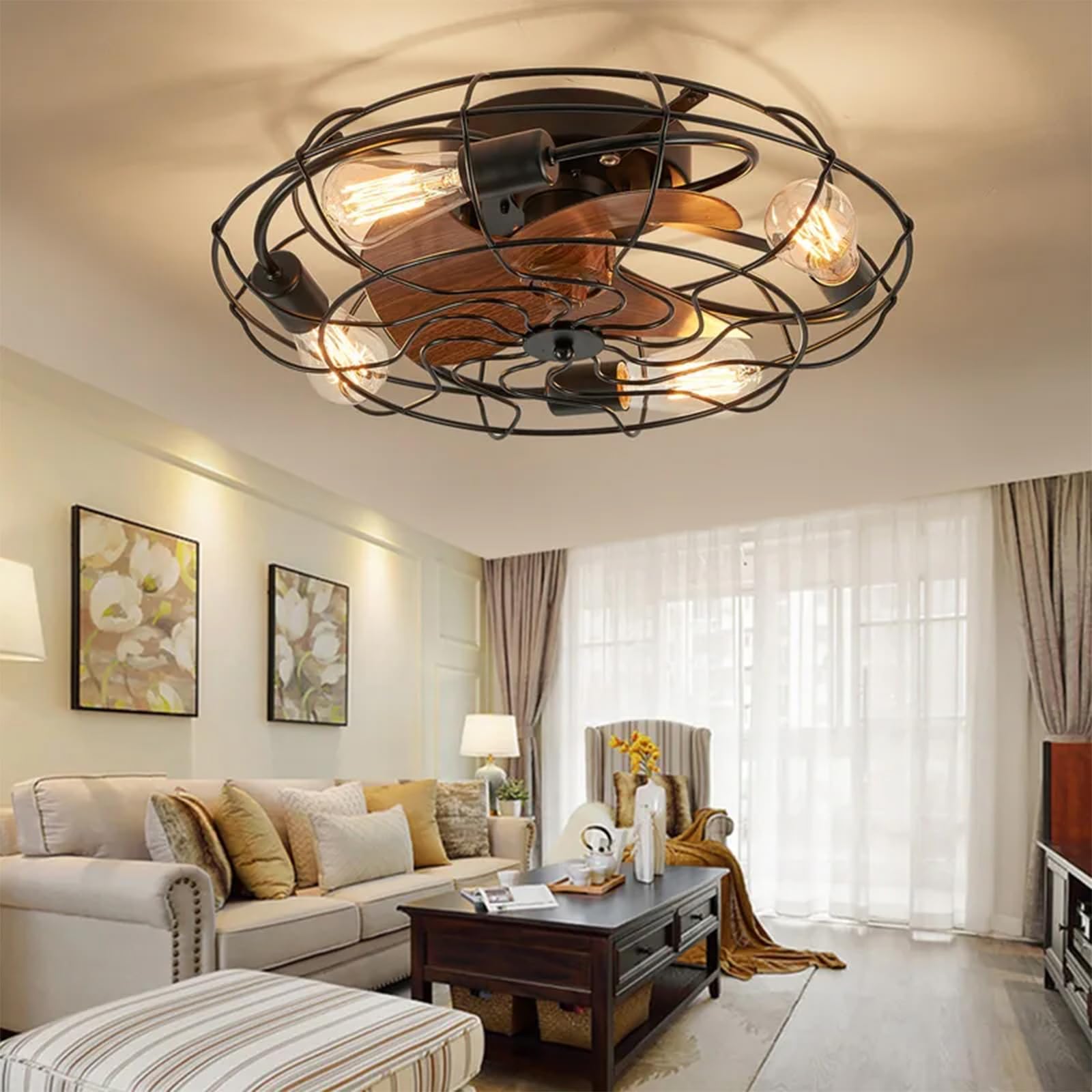 LUDOMIDE Caged Ceiling Fan with Light and Remote, 21 Small Flush Mount Ceiling Fan with Lights, 3 Enclosed Blades, 6 Wind Speeds