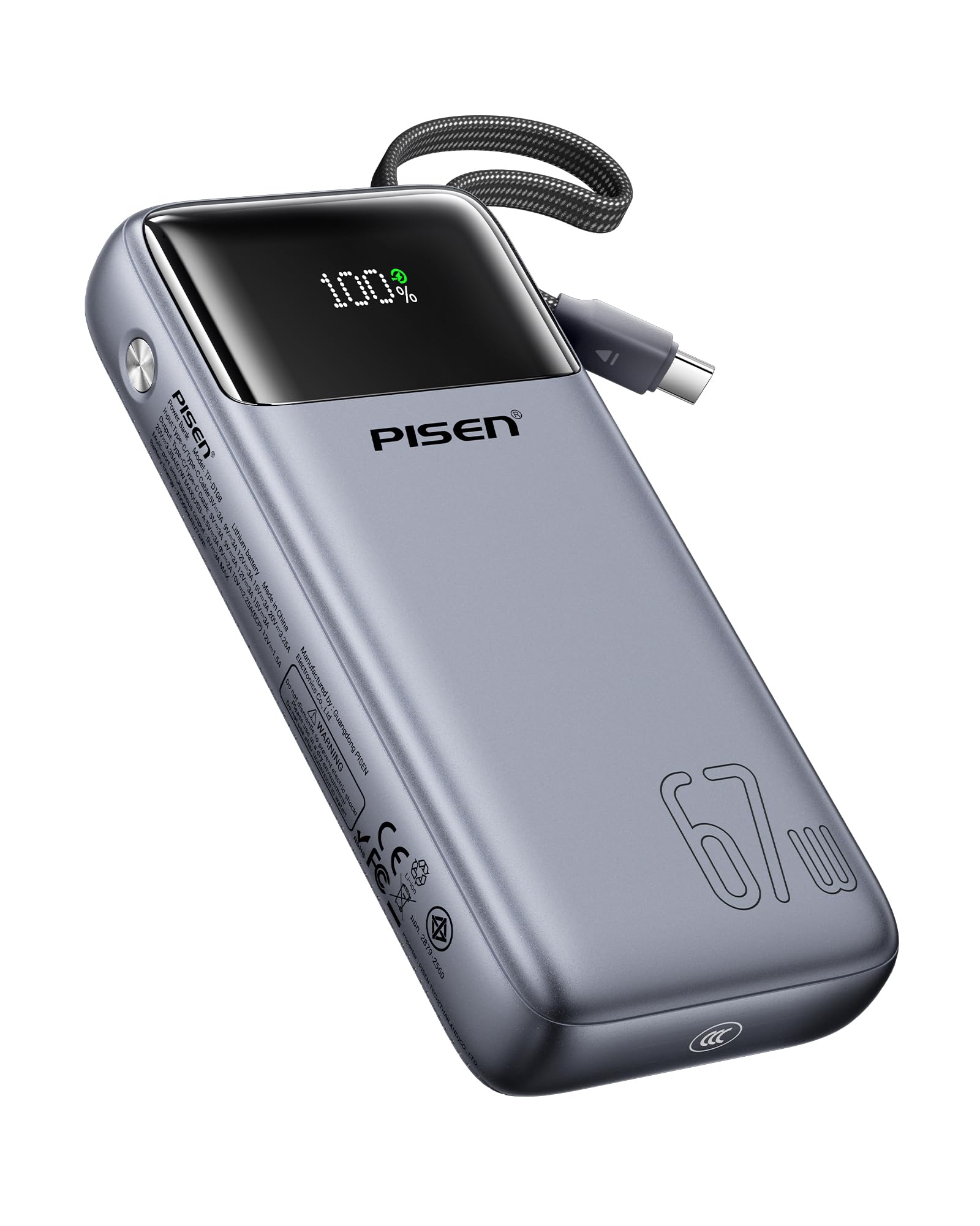 PISEN 3C Certified Power Bank  20000mAh 67W CCC Power Bank with Built in Cable, Travel Battery Pack Portable 3C Charger with LE