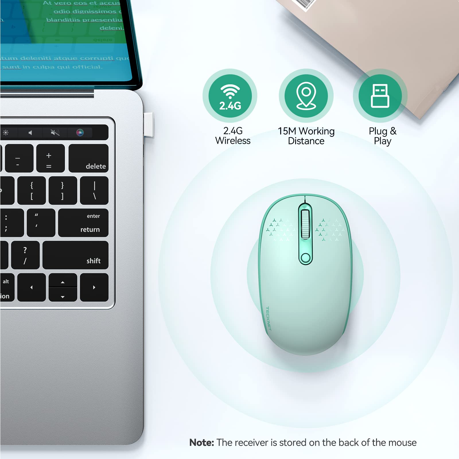 TECKNET Wireless Mouse - Mint Green, 2.4G Quiet, 4 Buttons, USB Receiver, 800/1200/1600 DPI, Portable for Laptop, PC, Mac