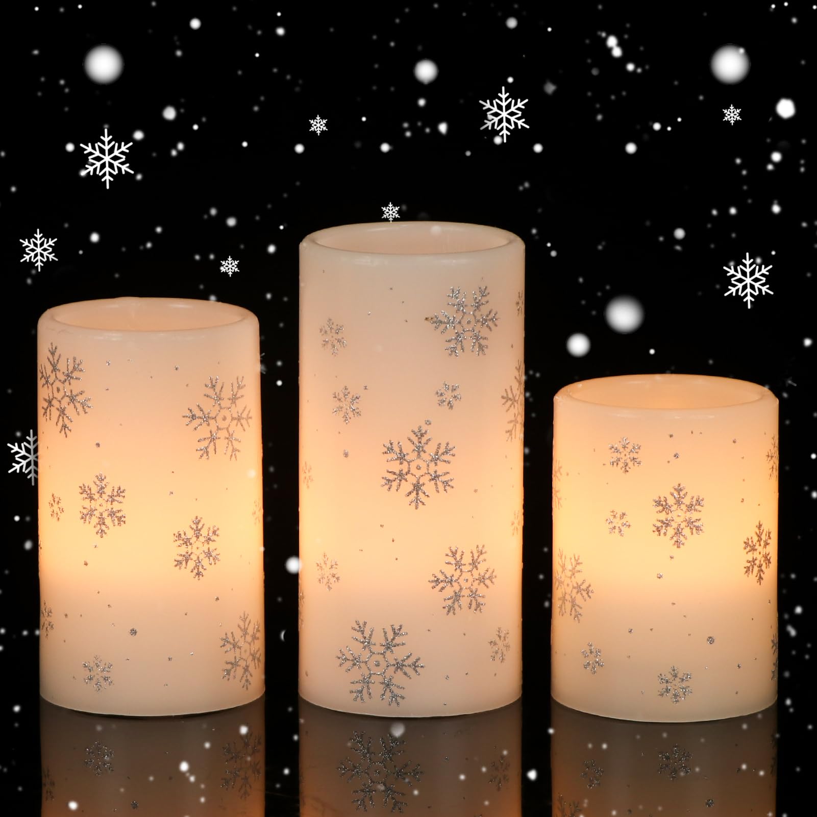 Eldnacele Christmas Flickering Flameless Candles with 6 Hour Timer, Silver Snowflake Decal Battery Operated Real Wax LED Pillar 