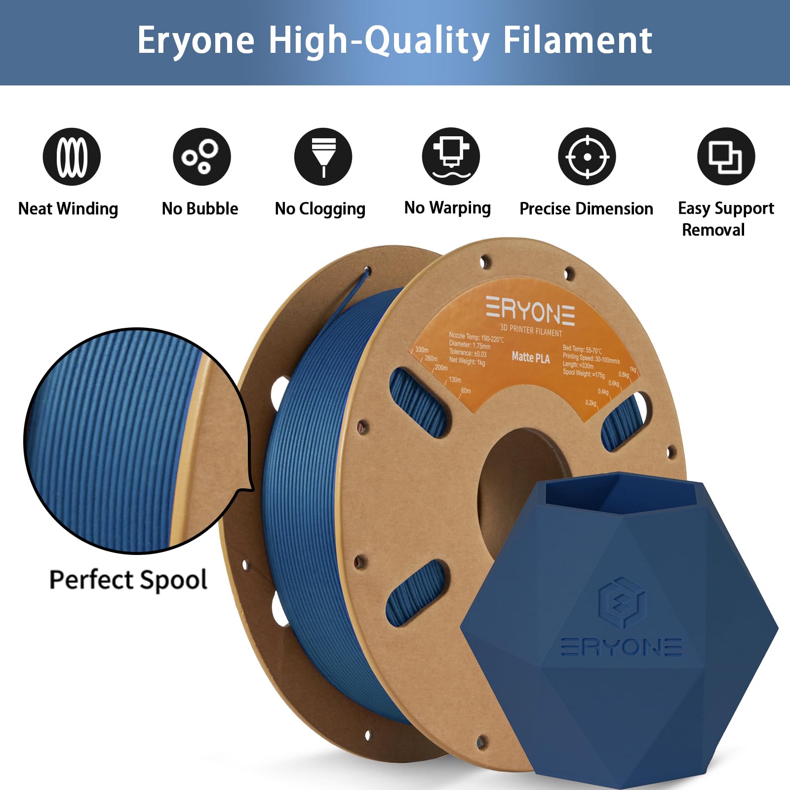 Eryone Matte Pla Filament For 3D Printer, Filament 1.75Mm +/  0.03Mm, 1Kg (2.2Lbs)/Spool, Navy Blue