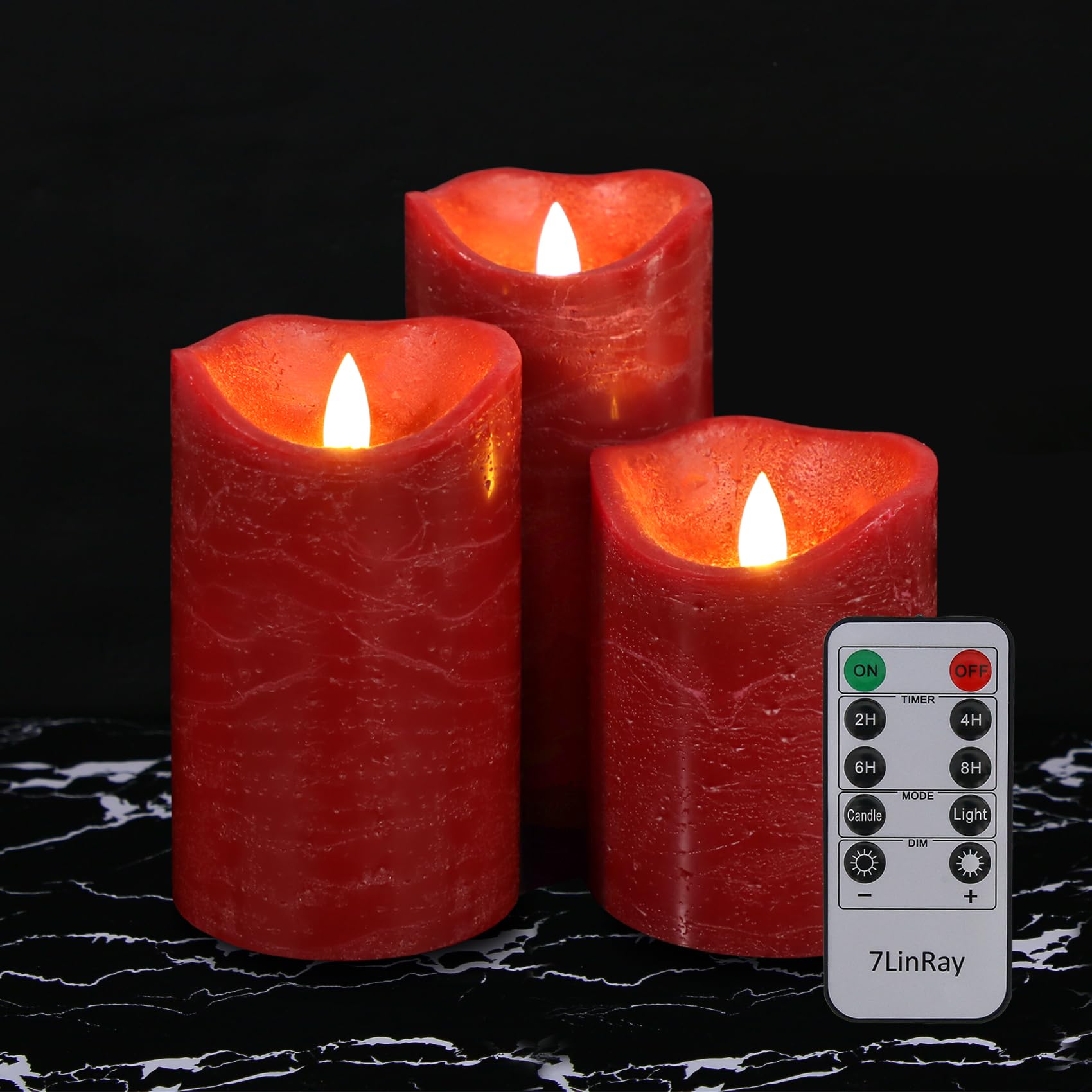 7LinRay Burgundy Flameless Candles with Remote, Real Wax Battery Operated LED Candles, Flickering Flameless Pillar Candles for W