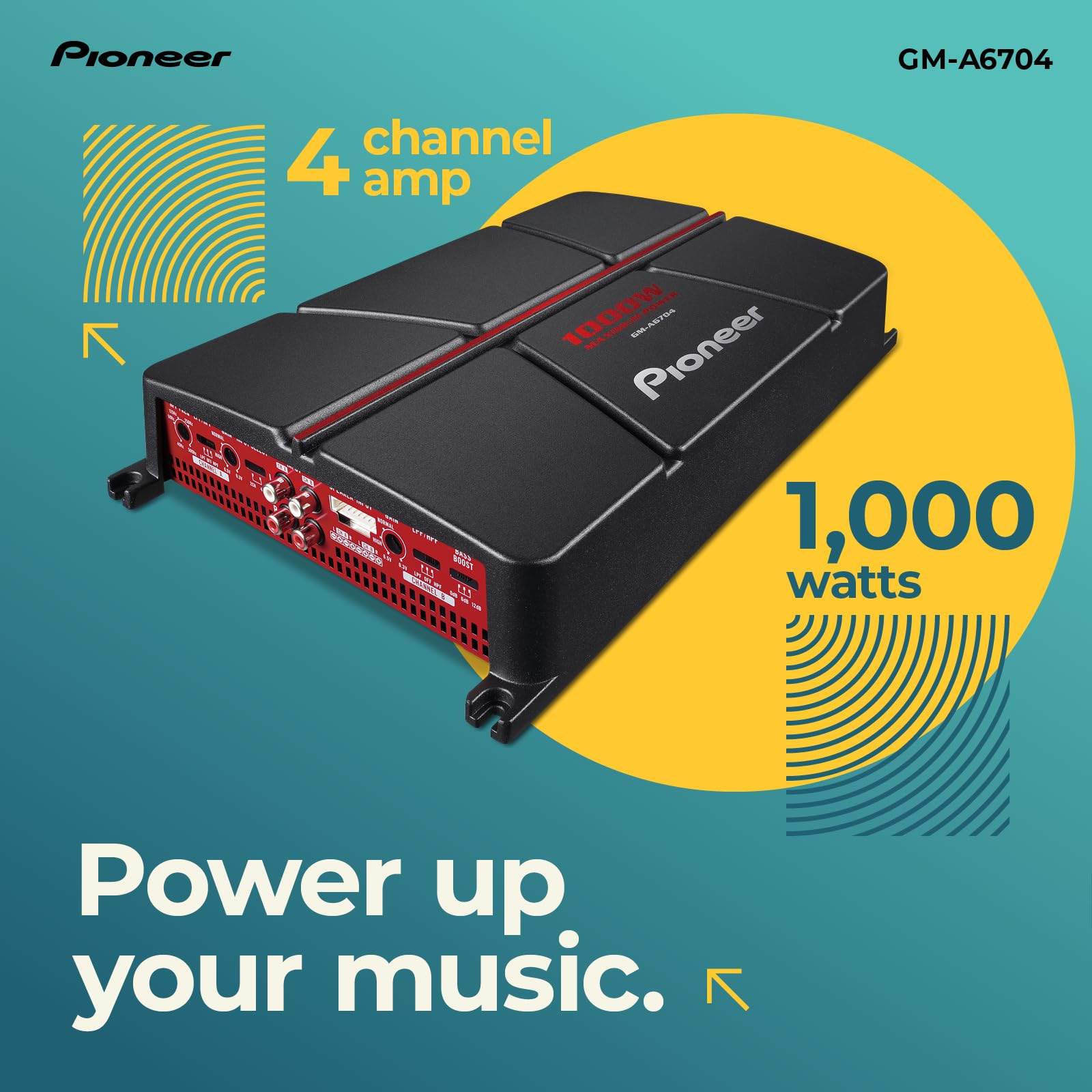 Pioneer GM-A6704 4-Channel Car Amplifier - 1000W Max Power, Class AB, Black/Red