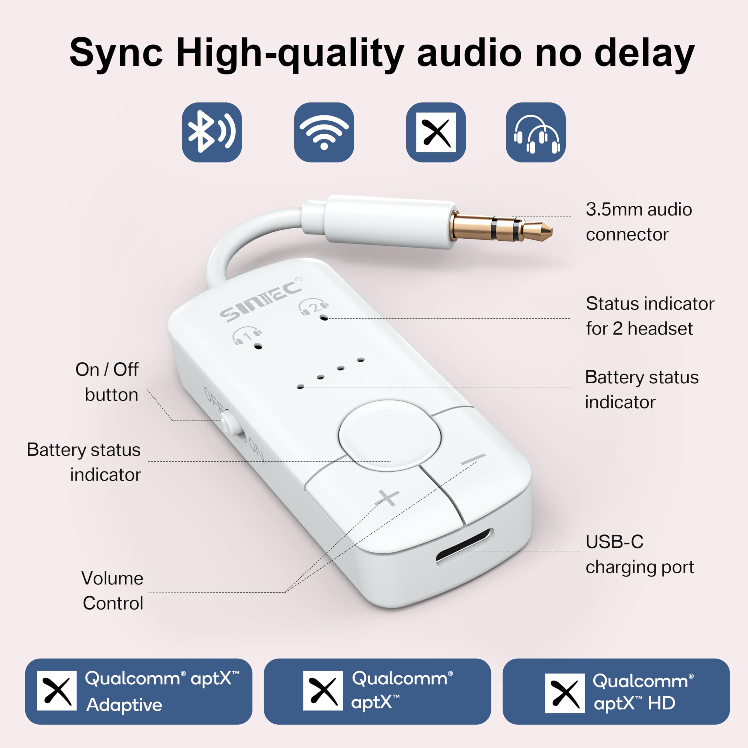 Sunitec Bluetooth Audio Transmitter For Airplane, Supports Audio Sharing To 2 Airpods Or Wireless Headphones,Wireless Bluetooth