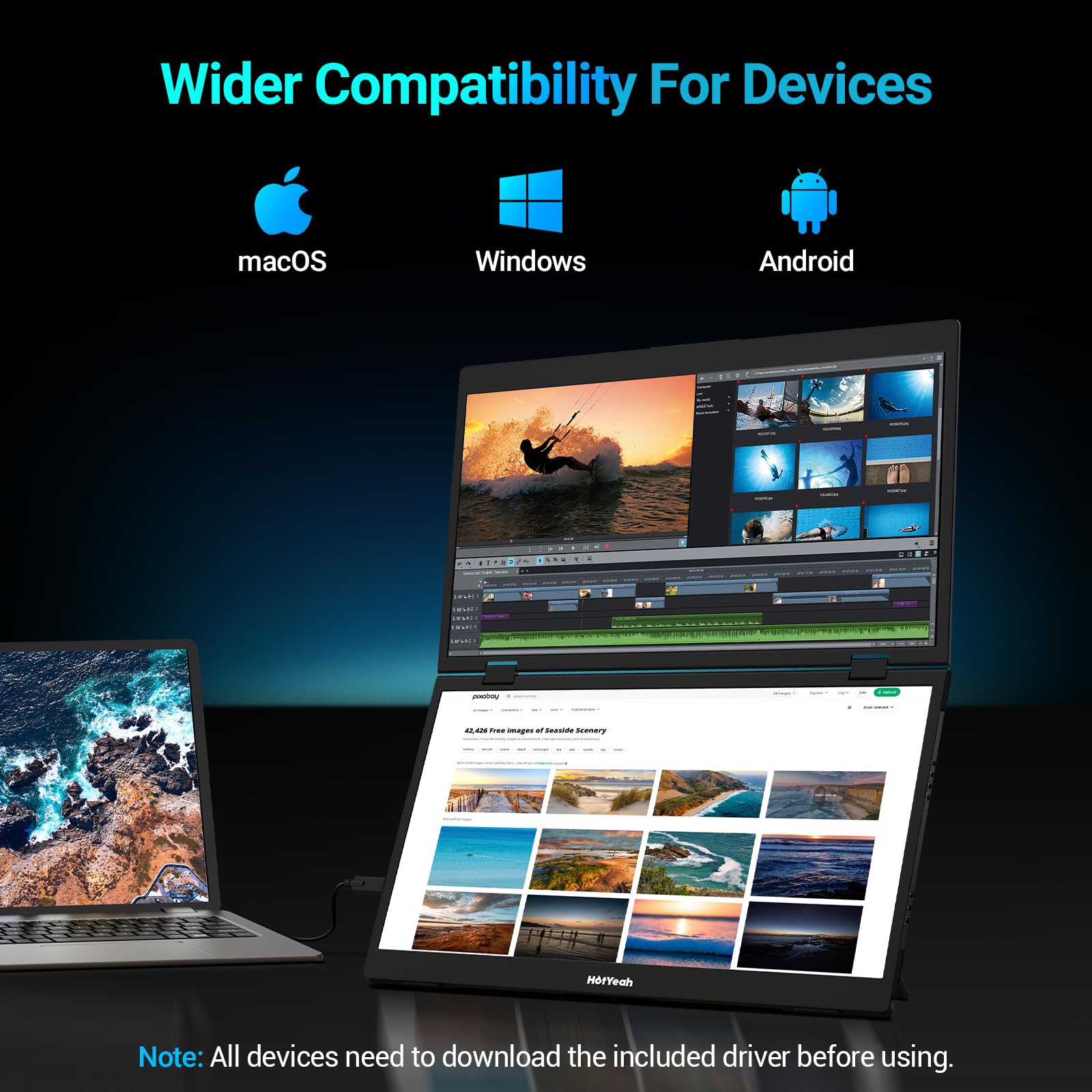 Hotyeah Triple Laptop Screen Extender, 15.6'' Dual Stacked Monitor (Wins/Mac/Android),1080P Fhd Folding Portable Travel Extended