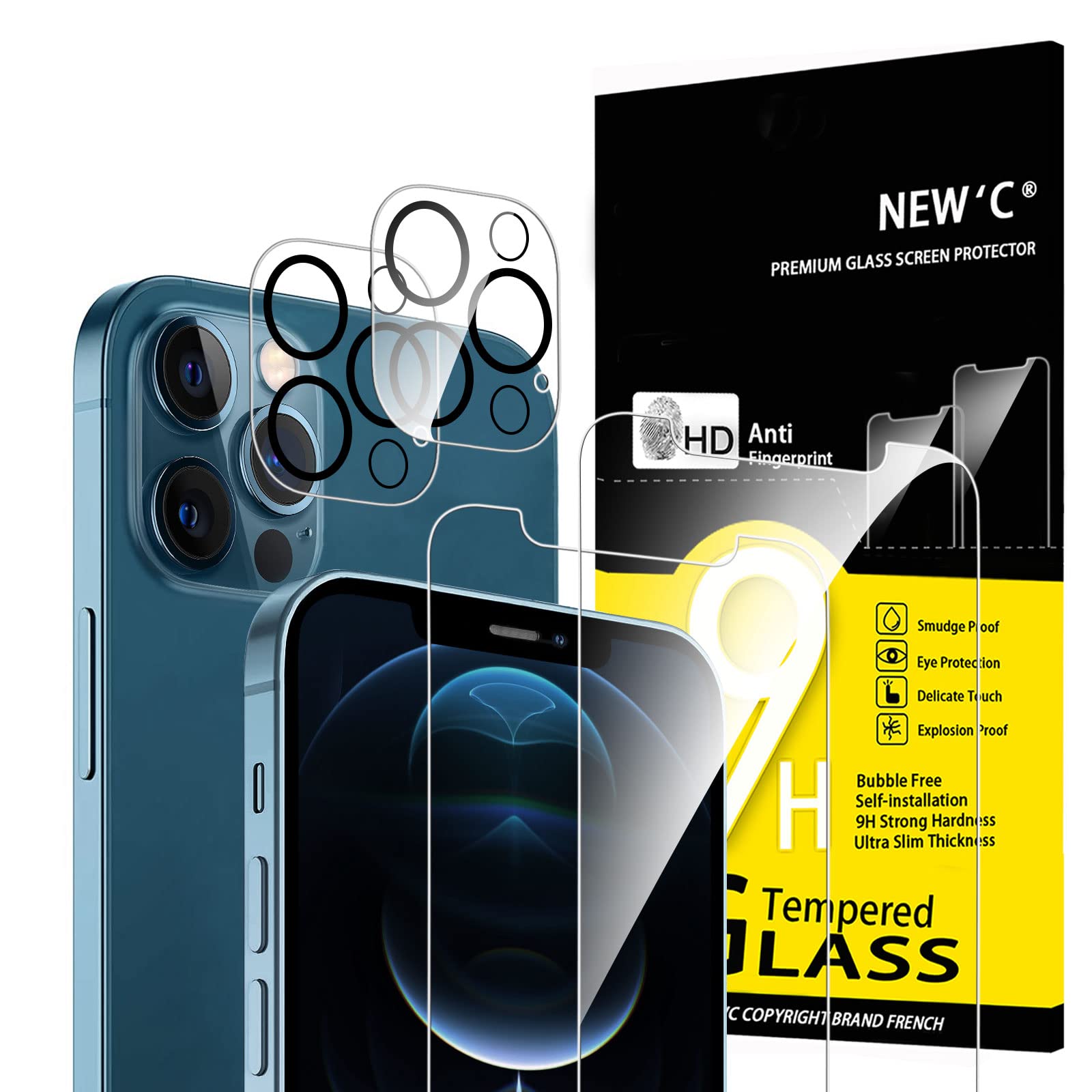 New'C 4 Pack, 2 Pack Screen Protector For Iphone 12 Pro + 2 Pack Camera Lens Protector, Sensor Protection,Case Friendly Tempered