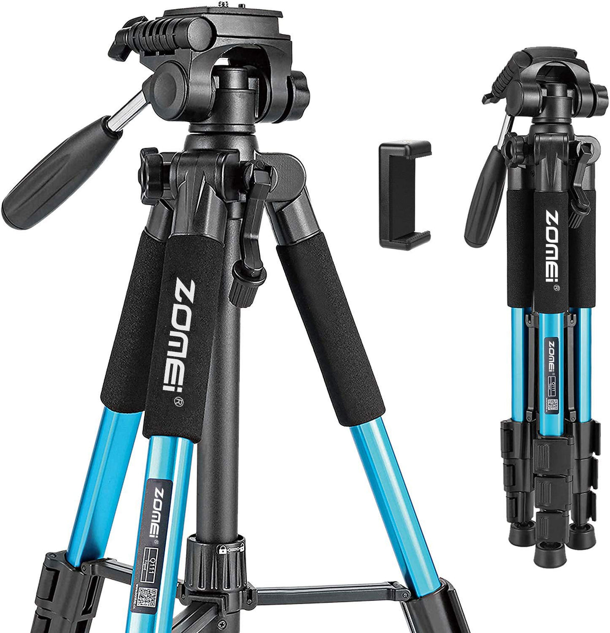 Portable 55 Inch Camera Tripod Q111 Lightweight Phone Stand With Phone Holder And Quick Release Plate For Dslr Cameras,Cell Phones,Projector,Webcam,Spotting Scopes Canon Eos Nikon Sony Samsung(Blue)