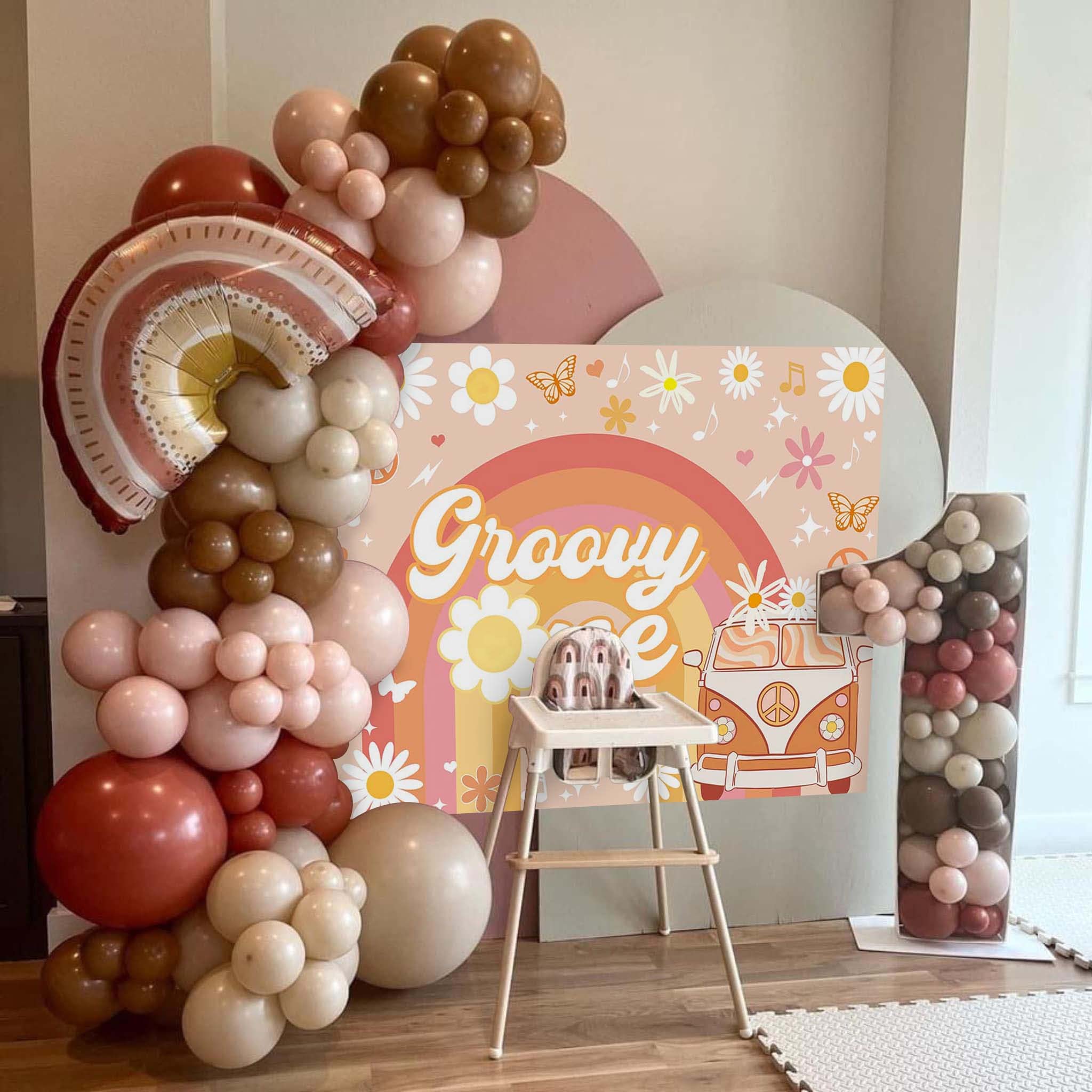 Avezano Groovy One Happy Birthday Backdrop Daisy Floral Girls 1St Birthday Party Decorations For Newborn Boho Rainbow Bus First