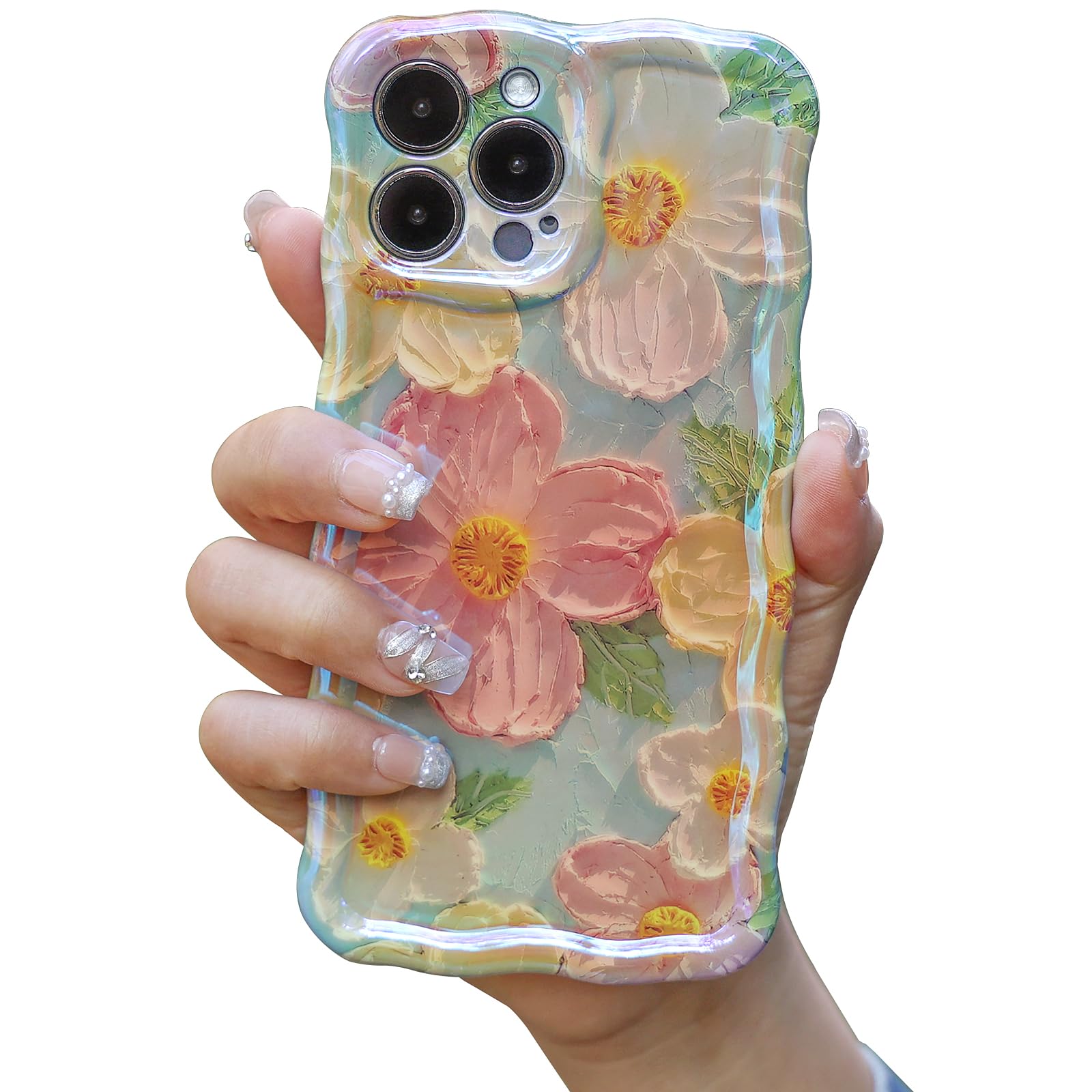 Mouzor Cute Case for iPhone 13 Pro Max, Colorful Retro Oil Painting Printed Flowers Case, Fashion TPU Floral Laser Beam Glossy P