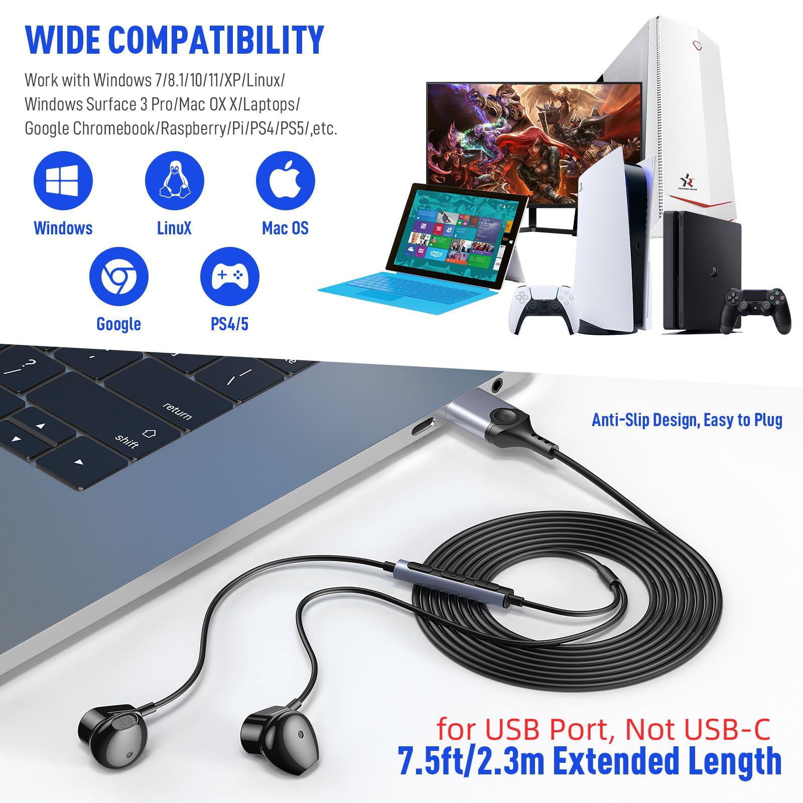 Usb Headphone For Pc Laptop Wired Earbuds Computer Headset With Microphone Volume Control Mute Button Mic Lightweight Noise Canc