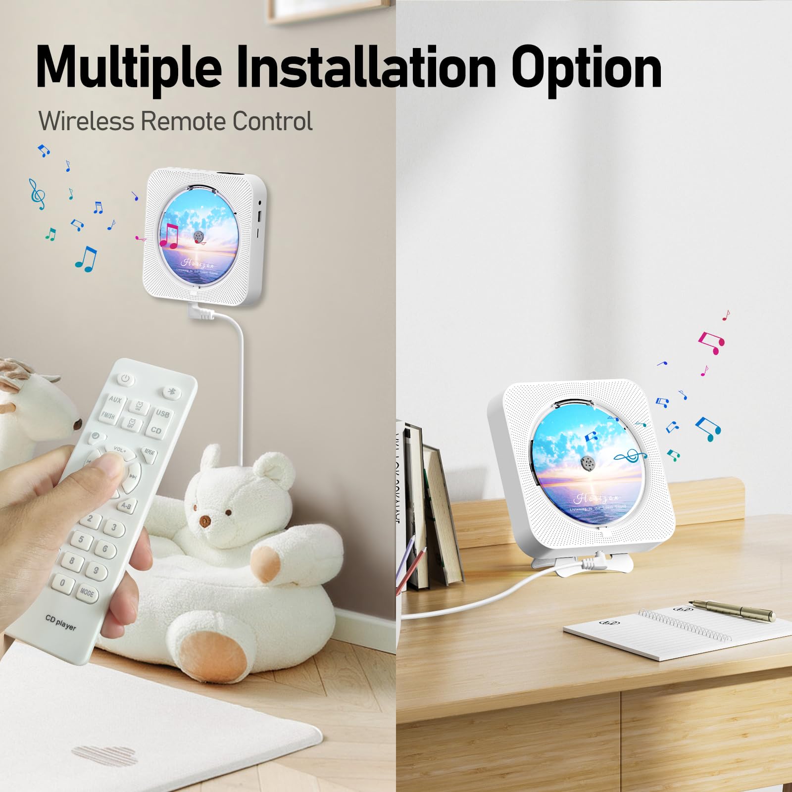 MICOCIOUS Bluetooth Portable CD Music Player - White, Remote Control, Built-in Speakers, FM Radio Boombox with LED Display