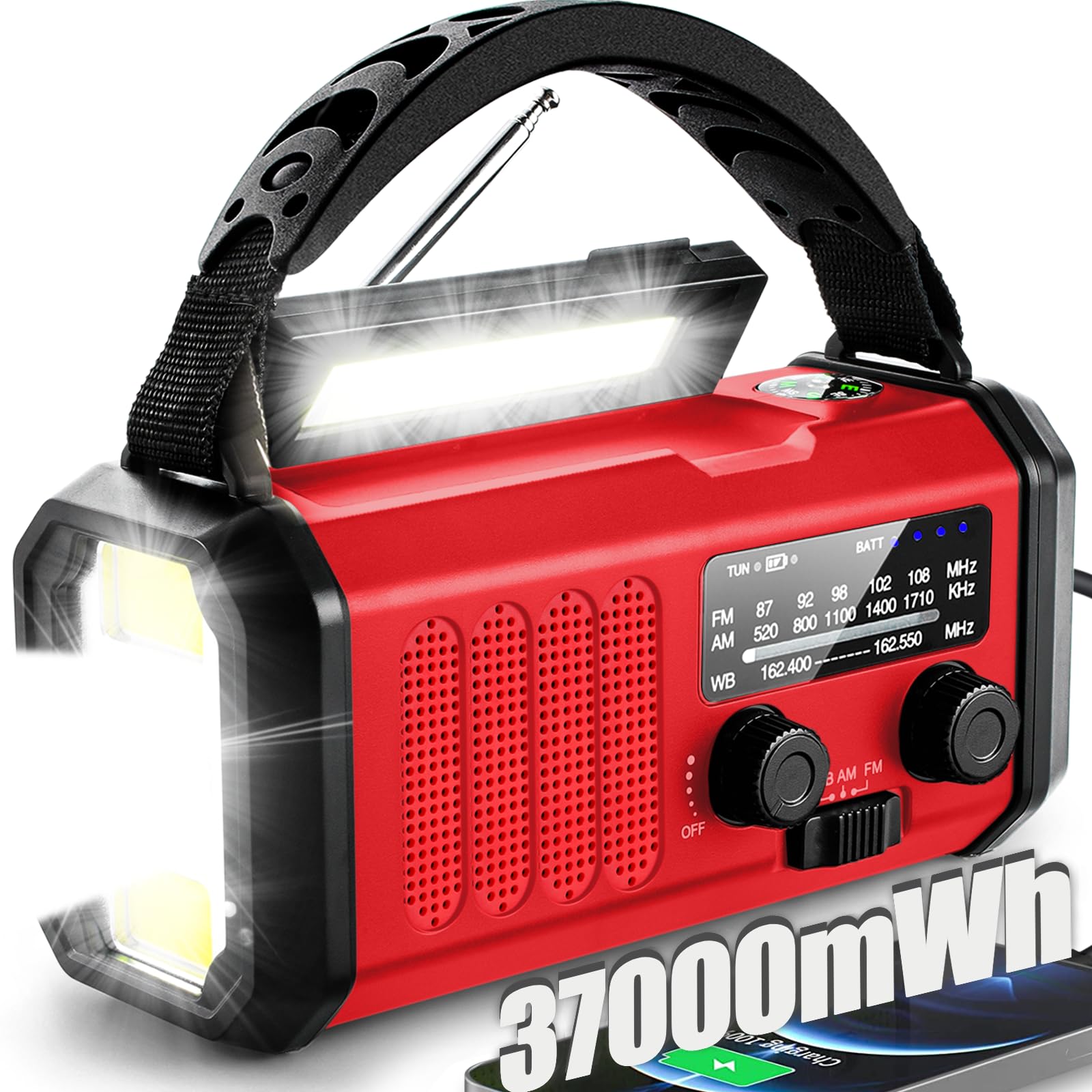Emergency Weather Radio, 10000Mah /37000Mwh Crank Radio, Portable Noaa/Am/Fm Weather Radio, Reading Light, Solar Radio, Sos Emer