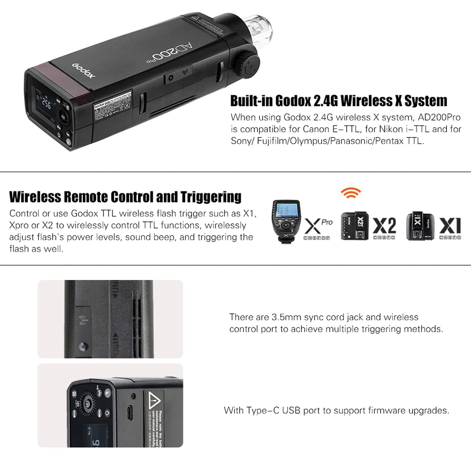 Godox Ad200 Pro Ad200Pro Flash Strobe, Ttl Pocket Flash Monolight, 200W 2.4G Speedlite Hss 1/8000S 2900Mah Li Ion Battery, 500 F